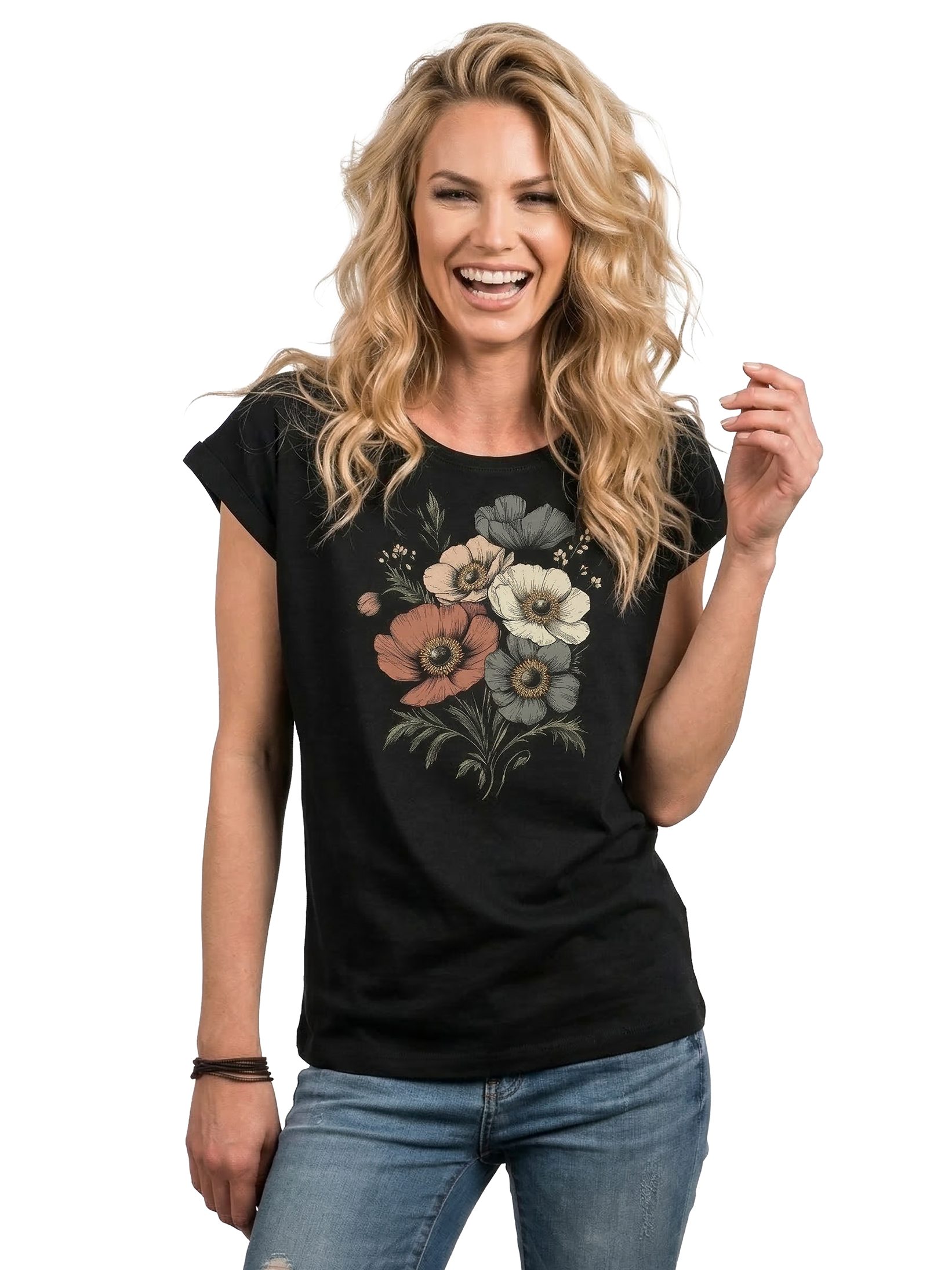 MAKAYA T-Shirt Damen Sommer Top mit Vintage Blumenprint im Retro Boho Style (Schwarz, Blau, Dunkelgrau, 34, 36, 38, 40, 42, 44, 46, 48, 50) Baumwolle