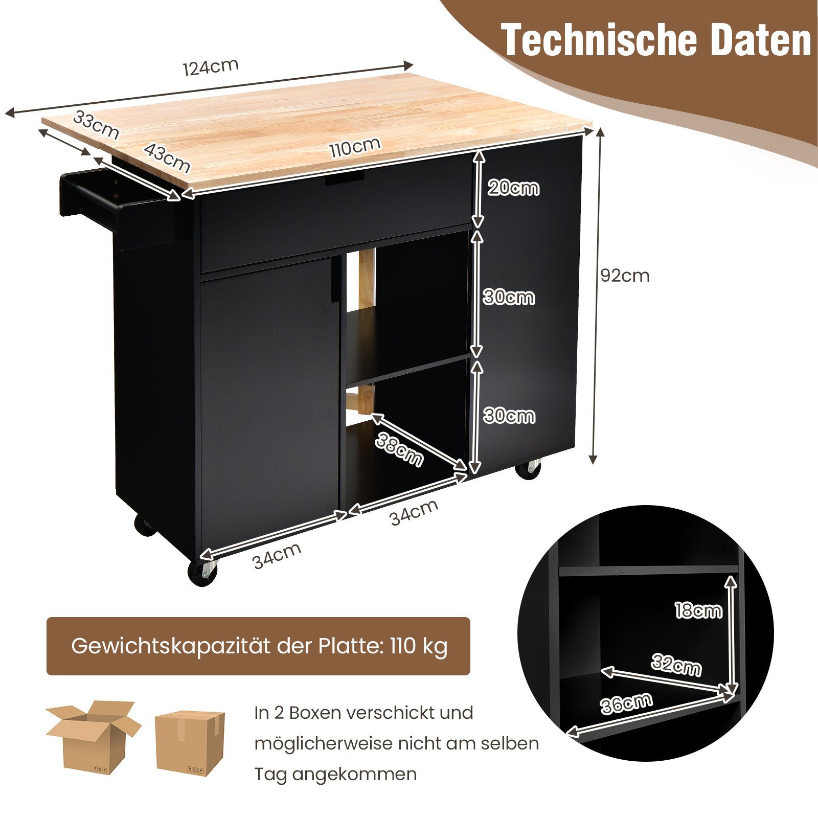 COSTWAY Küchenwagen, mit ausziehbarer Arbeitsfläche, Schwarz & Schublade Gewürzregal