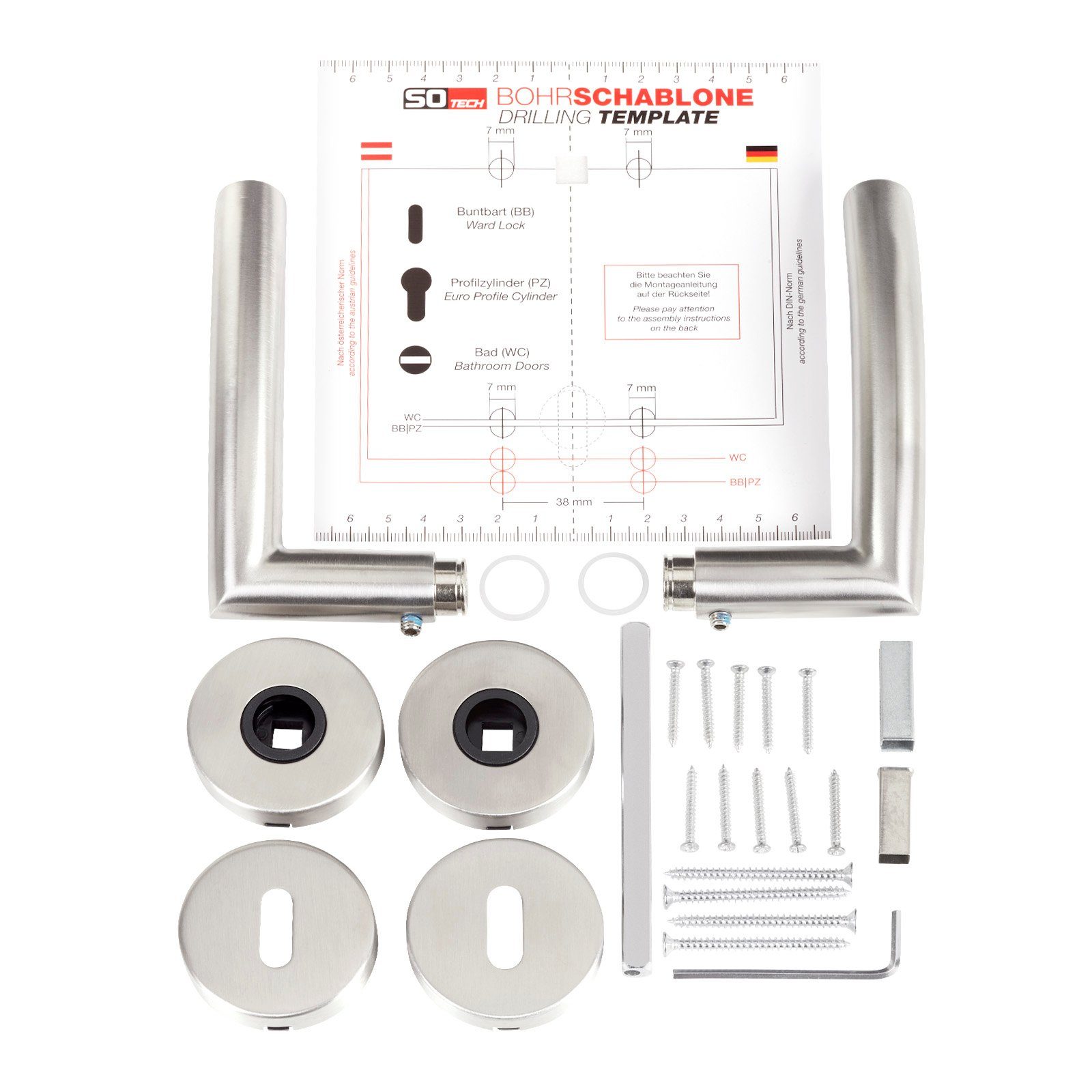 SO-TECH® Drückergarnitur Türdrücker EMIL Edelstahl gebürstet Rund Rosette, Buntbart Türgarnitur für Zimmertür Rosettengarnitur