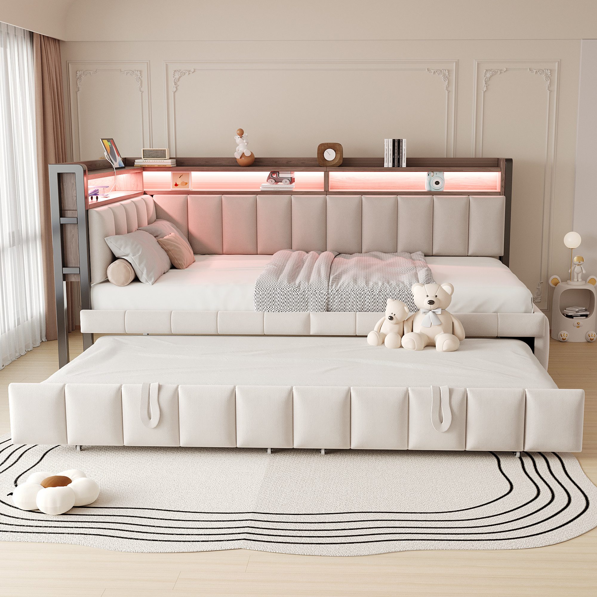 MODFU Schlafsofa mit Ausziehbett, Polsterbett mit LED-Beleuchtung, Ablagefä günstig online kaufen