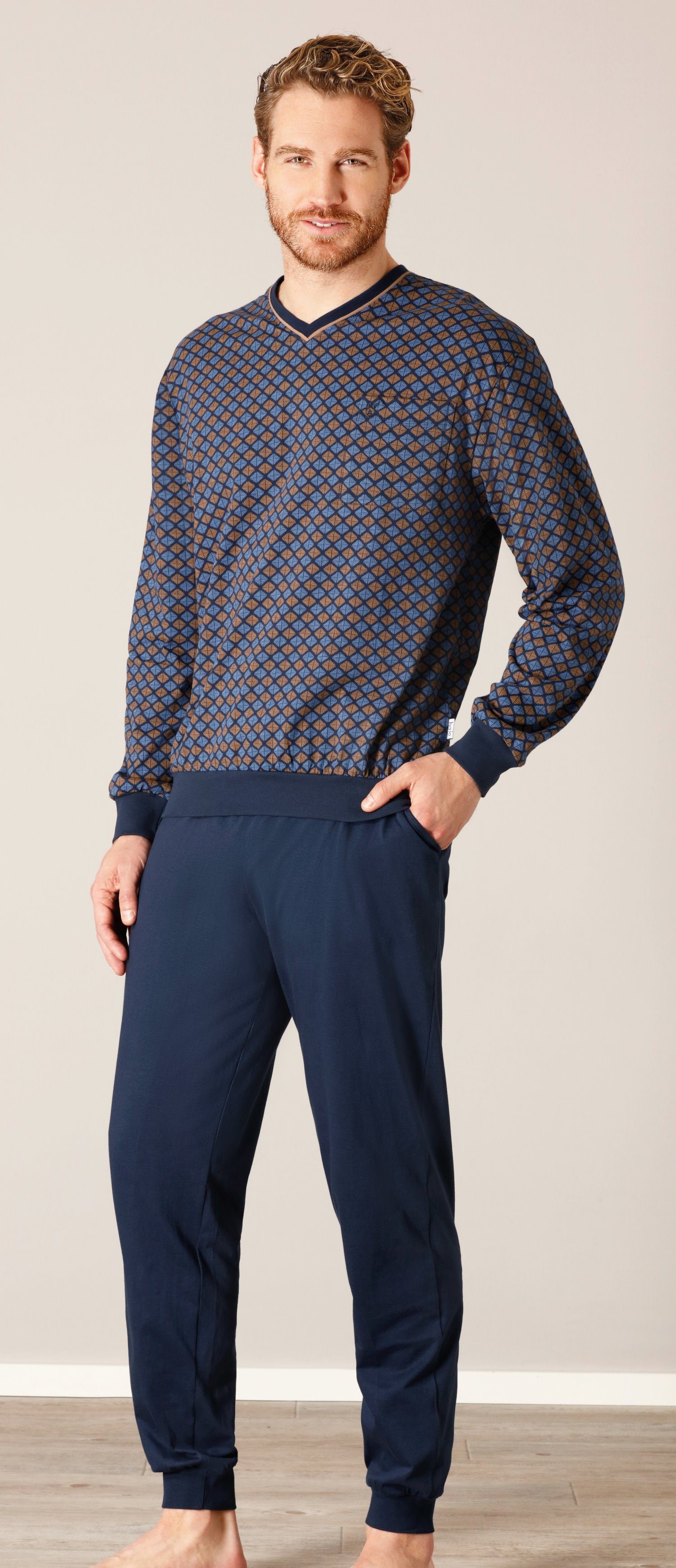 Hajo Schlafanzug Herren Pyjama mit V-Ausschnitt (2 tlg) Baumwolle