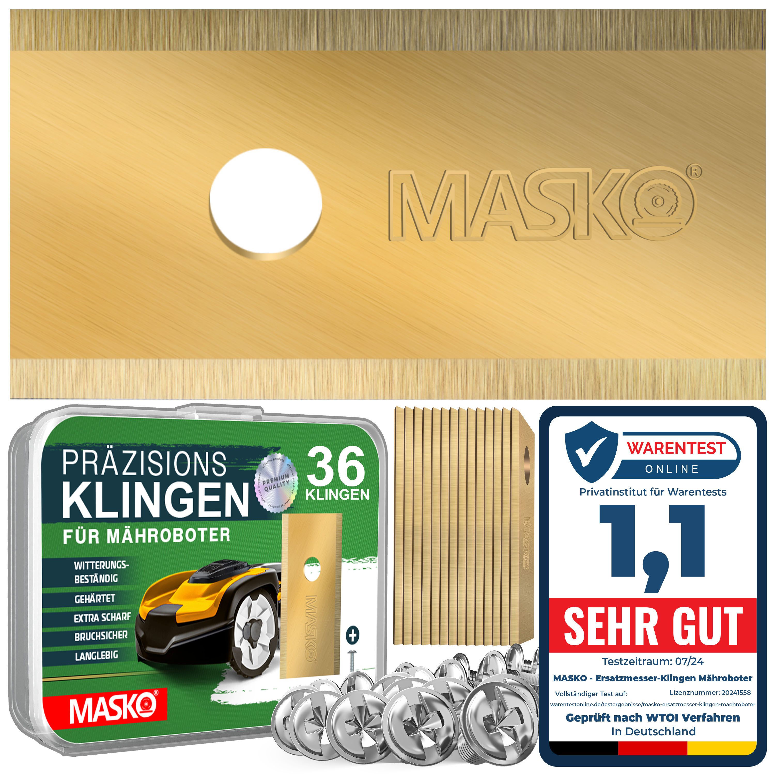 MASKO Mährobotermesser Ersatzmesser für Mähroboter, 36er Set, Titan-beschichtet (36-St), Geeignet für Bosch, Gardena/Husqvarna & Worx