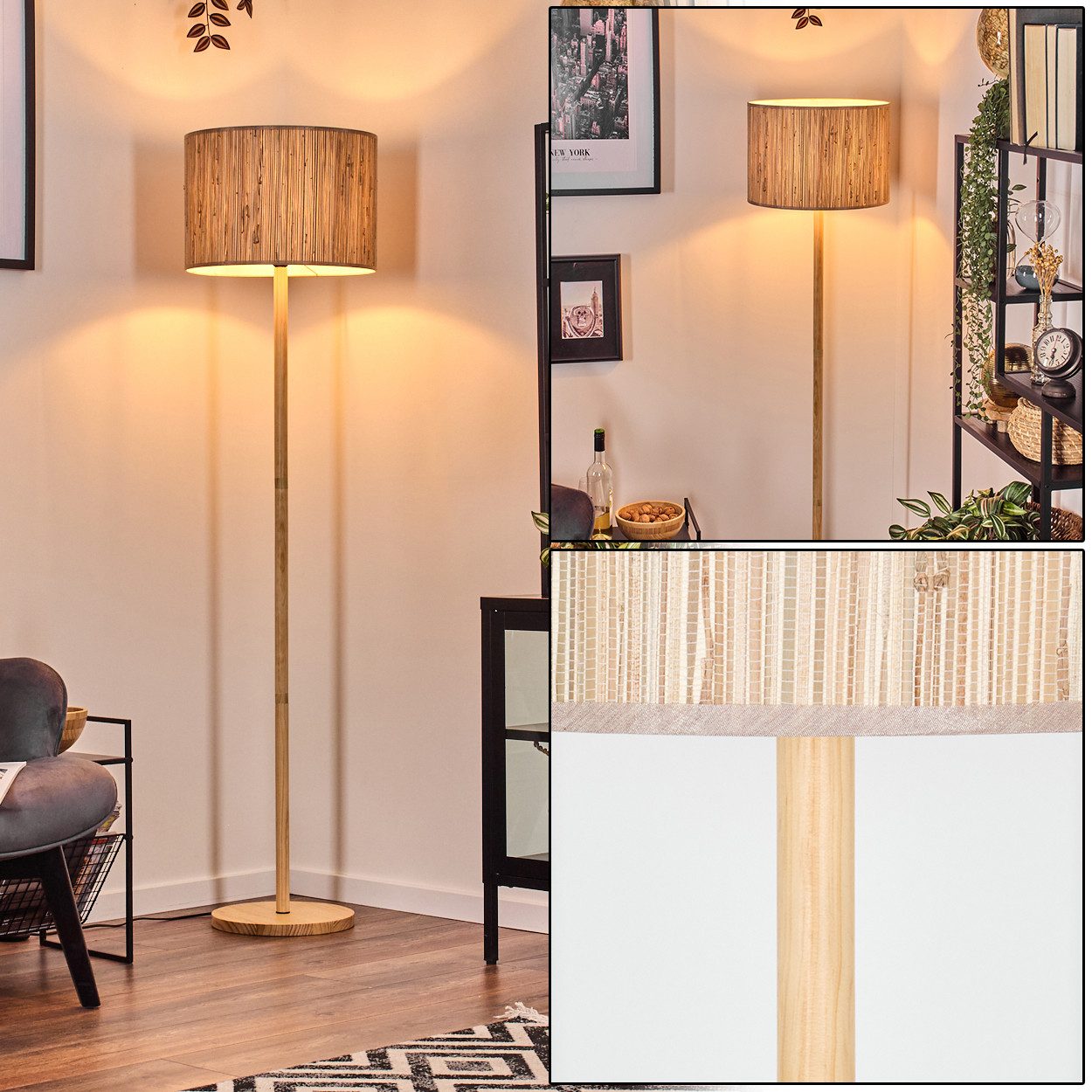 Stehlampe Stehlampe mit Holzfuß und Schirm aus Seegras