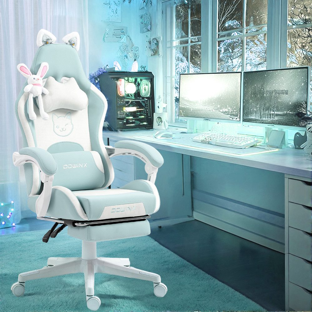 Dowinx Gaming-Stuhl Süße Katze Edition mit Katzenohren und Plüschtier (Packung), Ergonomischer Stuhl mit Hoher Rückenlehne und Lendenwirbelstütze