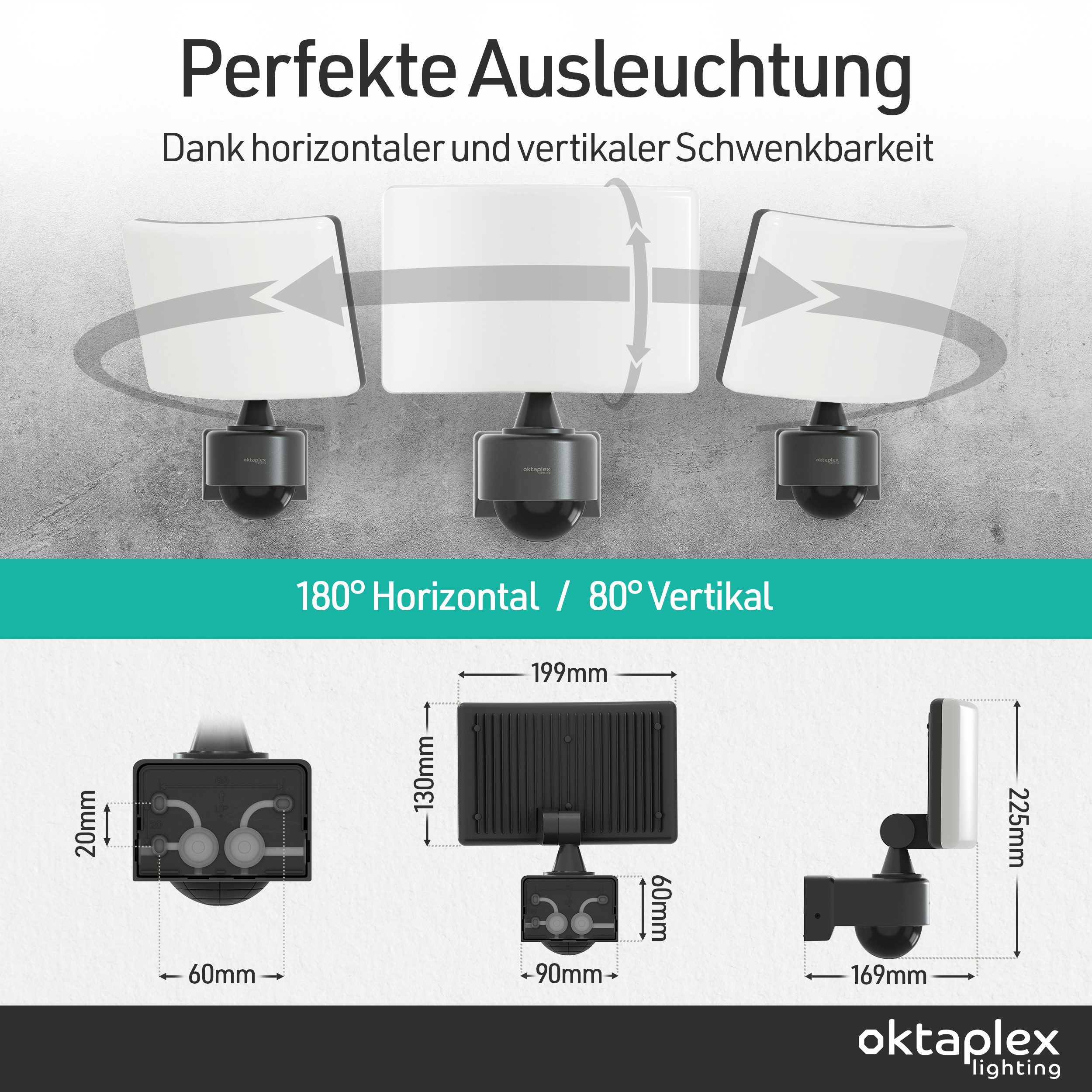 Oktaplex lighting LED Außen-Wandleuchte Cali Außenstrahler mit Bewegungsmelder 8m / 240 Grad IP65, dreh- und schwenkbar, inklusive Leuchtmittel, warmweiß, 3000K – Bild 4 von 5