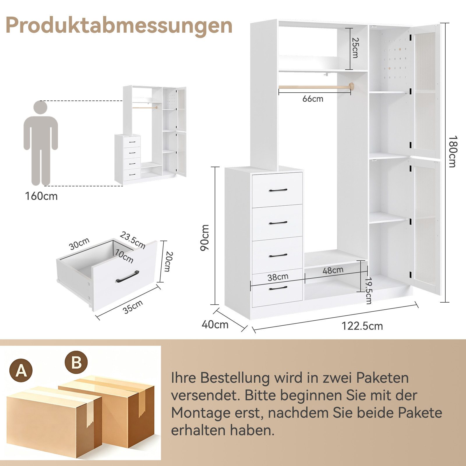 Puluomis Garderobenständer Kleiderschrank mit 4 Schubladen, Schuhregal, Lochwand 122x40x18cm weiß, verstellbare Regalböden, magnetische Schranktüren – Bild 3 von 5