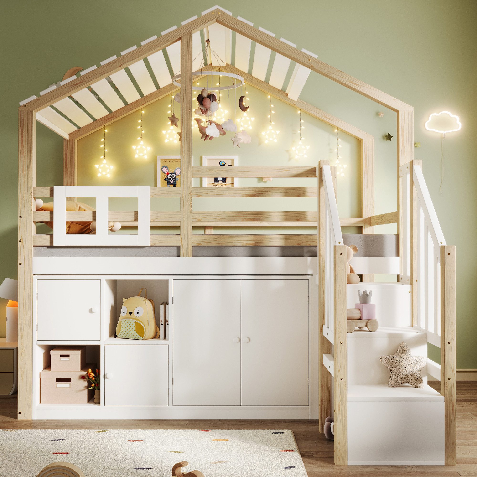 Flieks Hochbett Kinderbett 90x200cm Hausform mit Stauraumtreppe und Stauraumfächer