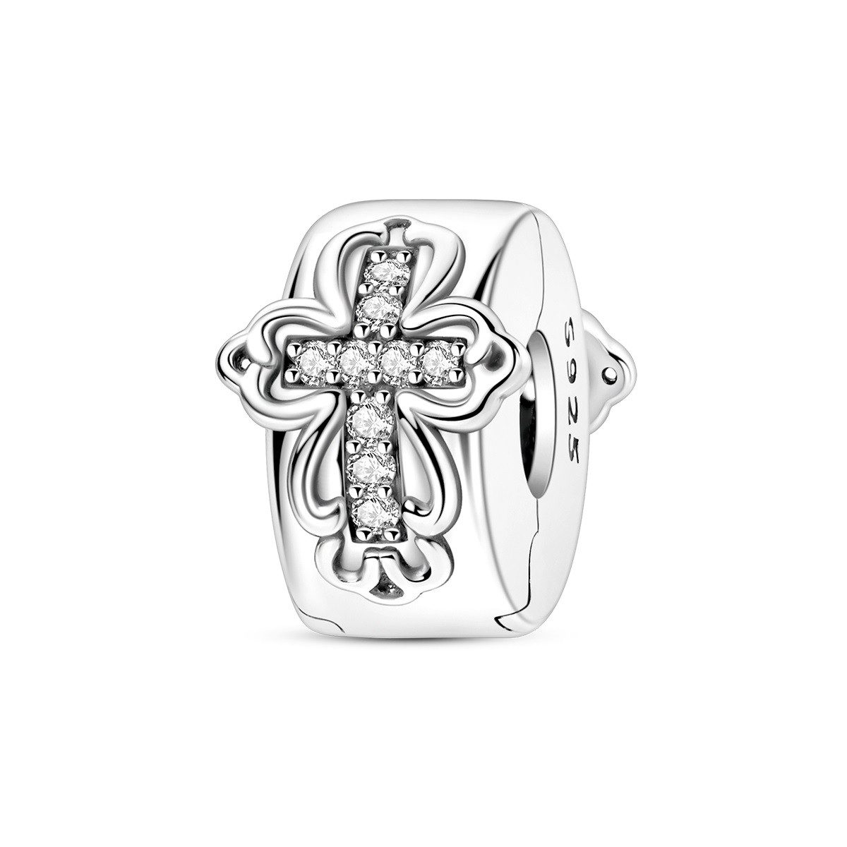 PANDACHARMS Bead Clip mit Kreuzen Clip Charm für Charm Armband, 925er Silber, Zirkonia