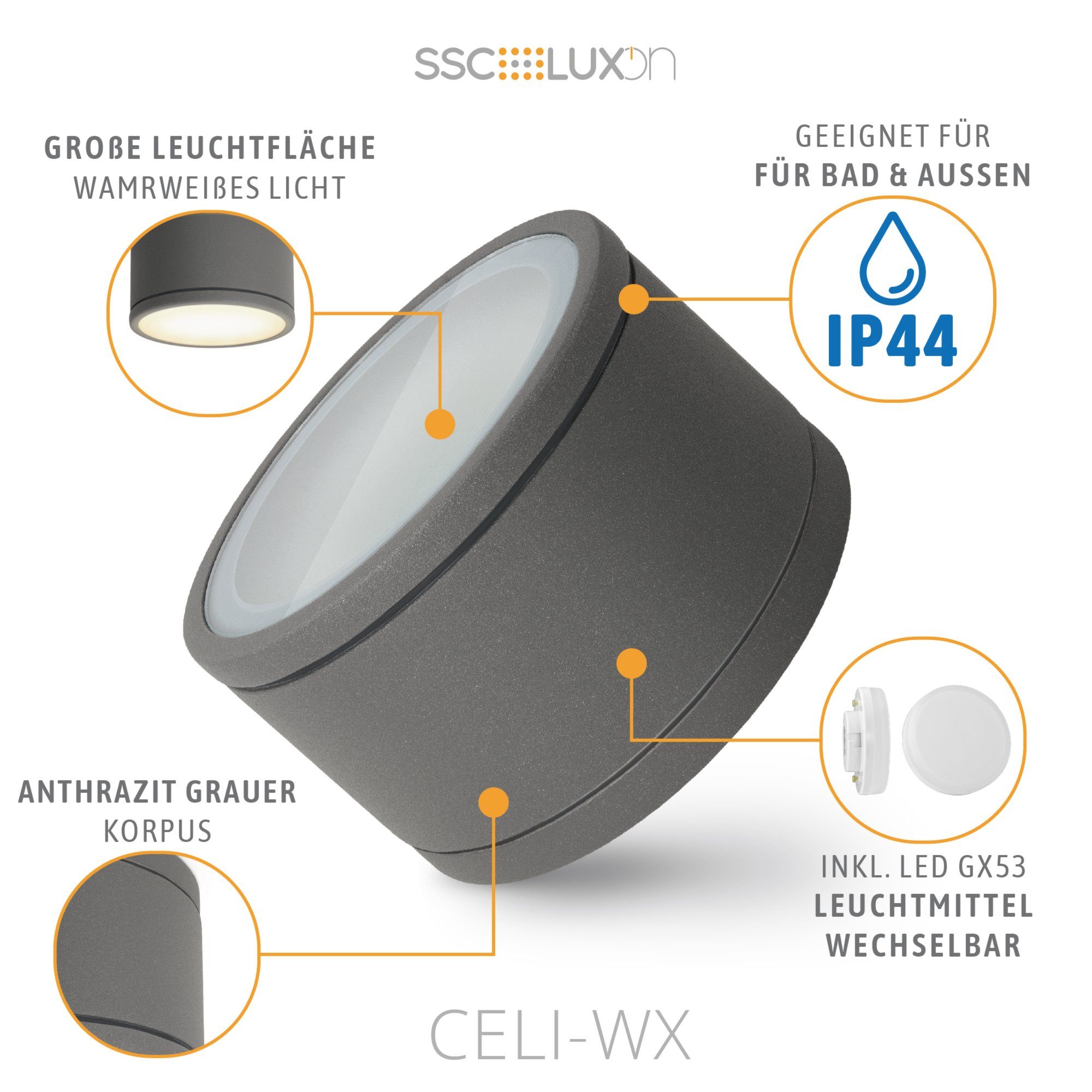SSC-LUXon LED Außen-Deckenleuchte CELI-WX Aufbauspot flach IP44 Bad & Aussen anthrazit mit LED GX53 5W, Warmweiß bis Tageslicht