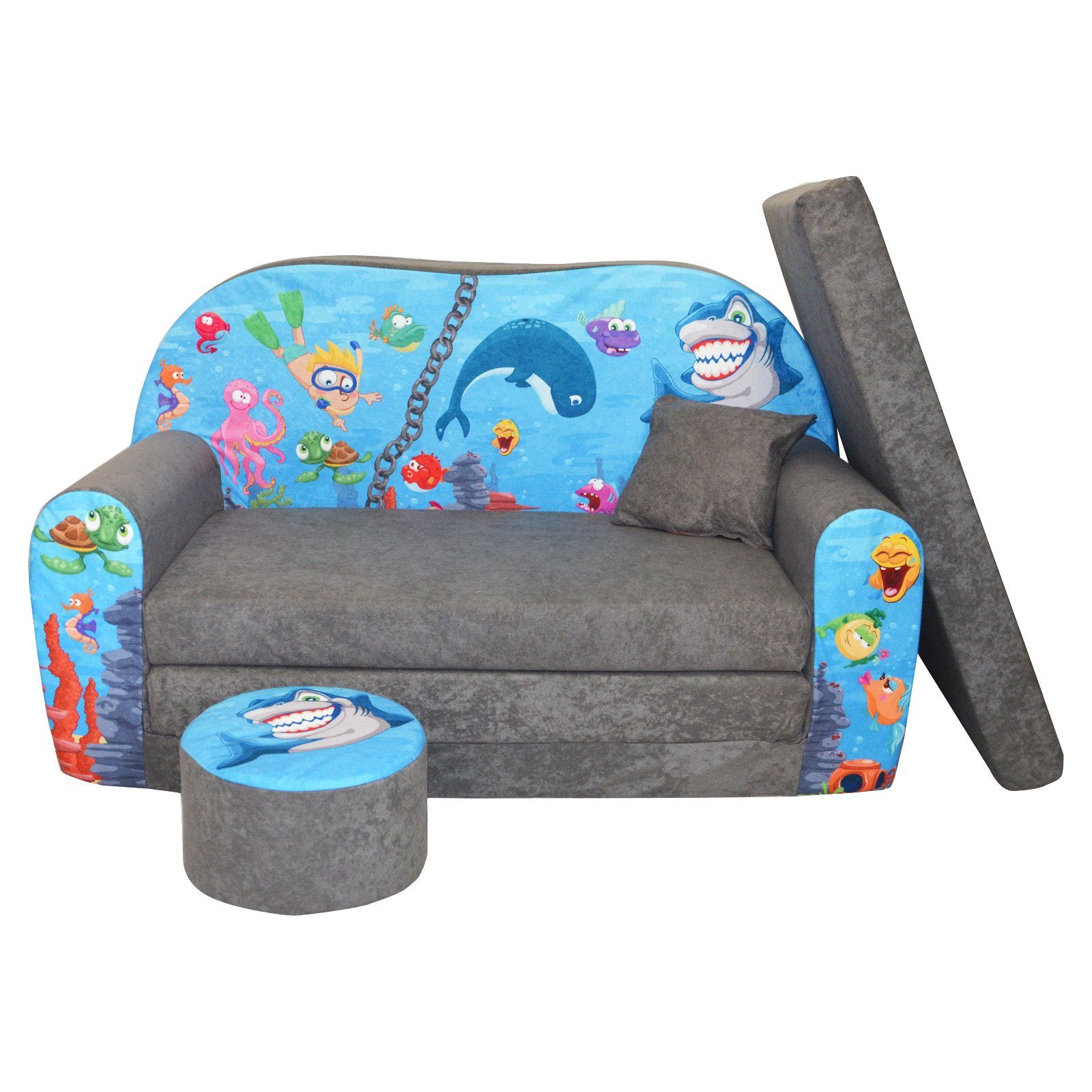 FORTISLINE Kindersitzgruppe Kindersofa Kindercouch Aufklappen Bettfunktion + Hocker W319