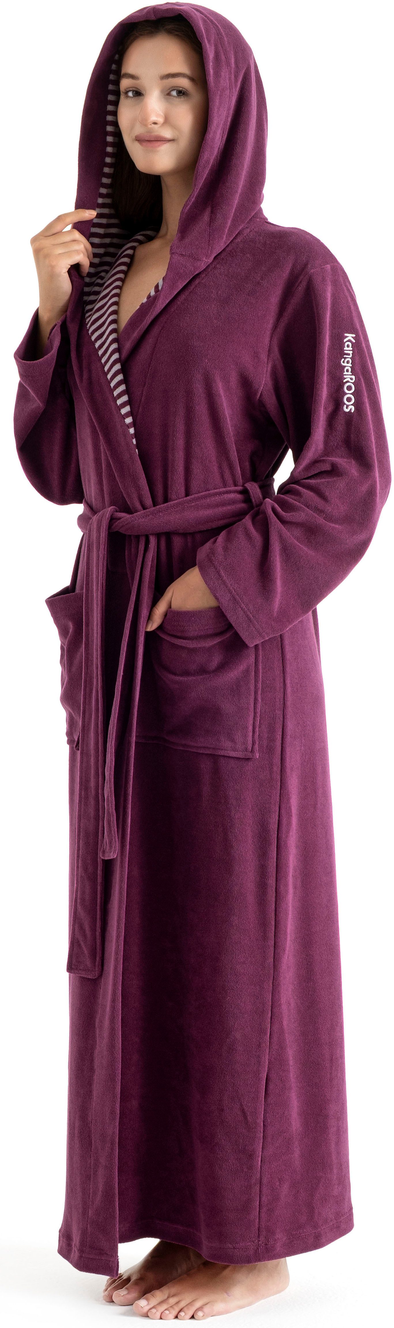 KangaROOS Damenbademantel Dalia, ideal für Sauna & Spa, Standardlänge & Überlänge, Langform, Leichtfrottier, Kapuze, Gürtel, Uni-Farben mit Streifen, Taschen, leicht, XS-3XL, auch in extra lang