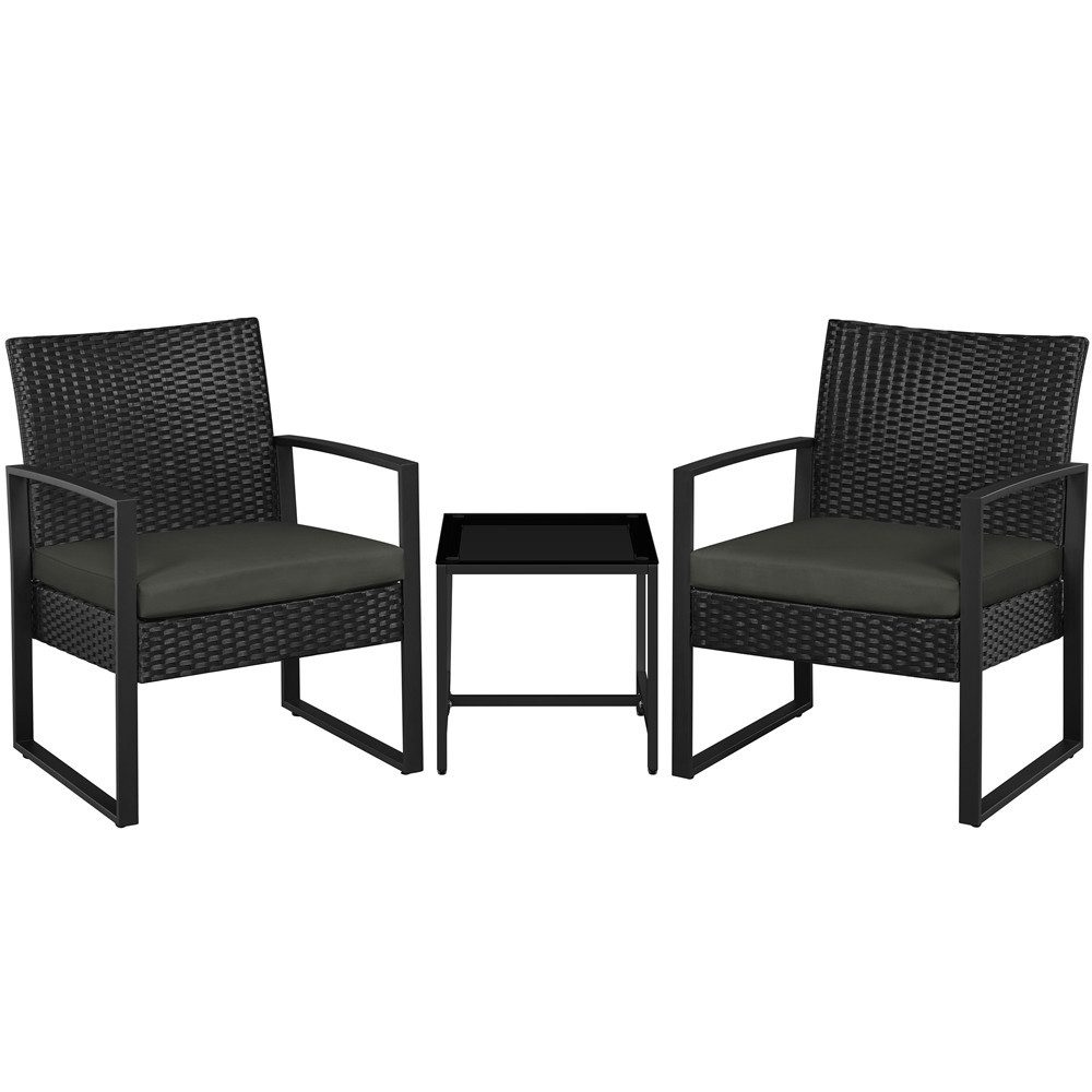 Yaheetech Balkonset 3-teilig Terrassenmöbel-Set in Rattan-Optik, Sitzgruppe mit 2 Stühle & 1 Quadratischem Beistelltisch mit Glasplatte