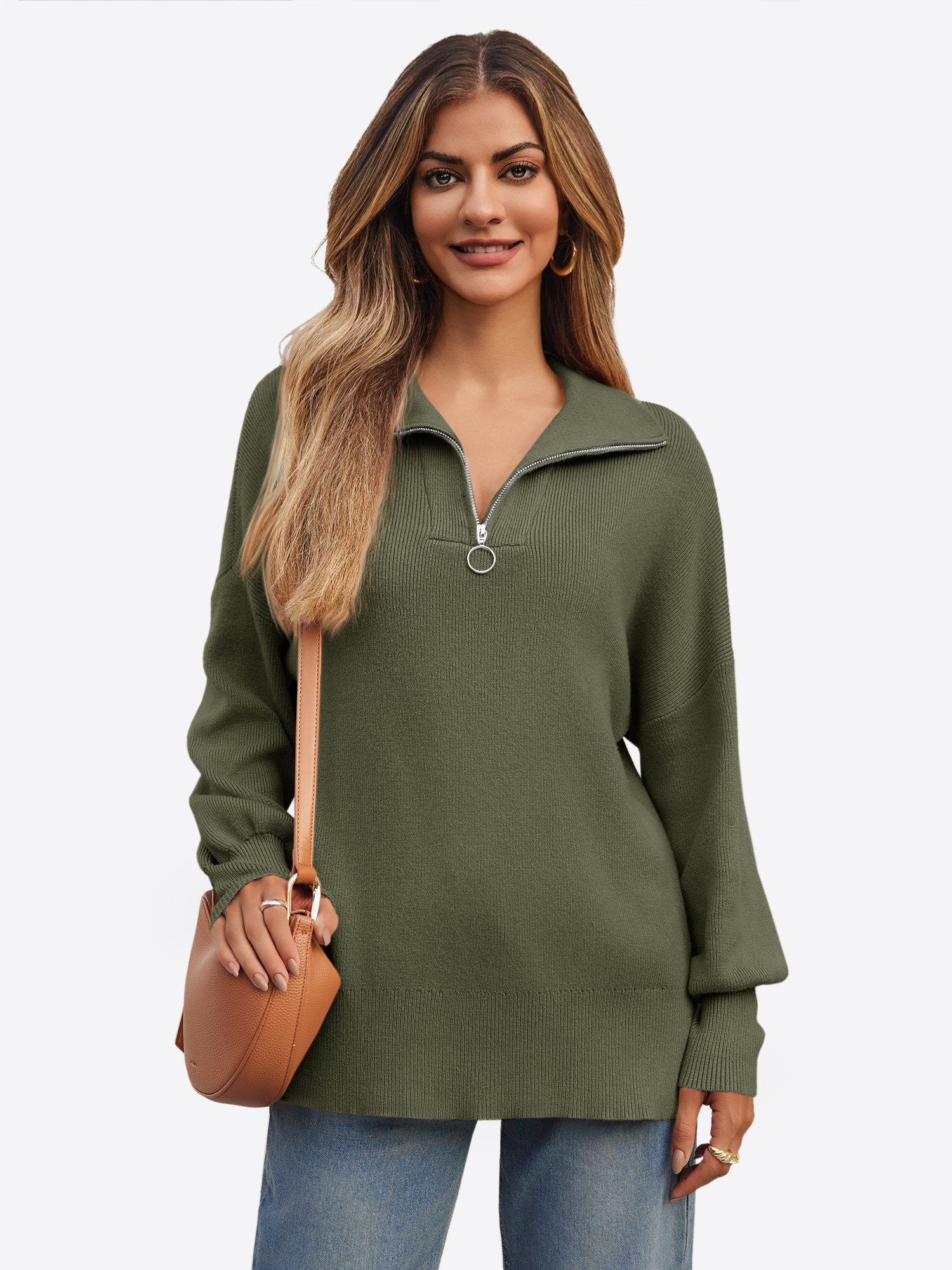 Imily Bela Sweater Damen Oversize-Pullover mit 1/4-Reißverschluss (Packung, 1-tlg., 1per-Pack) Rippenstrick