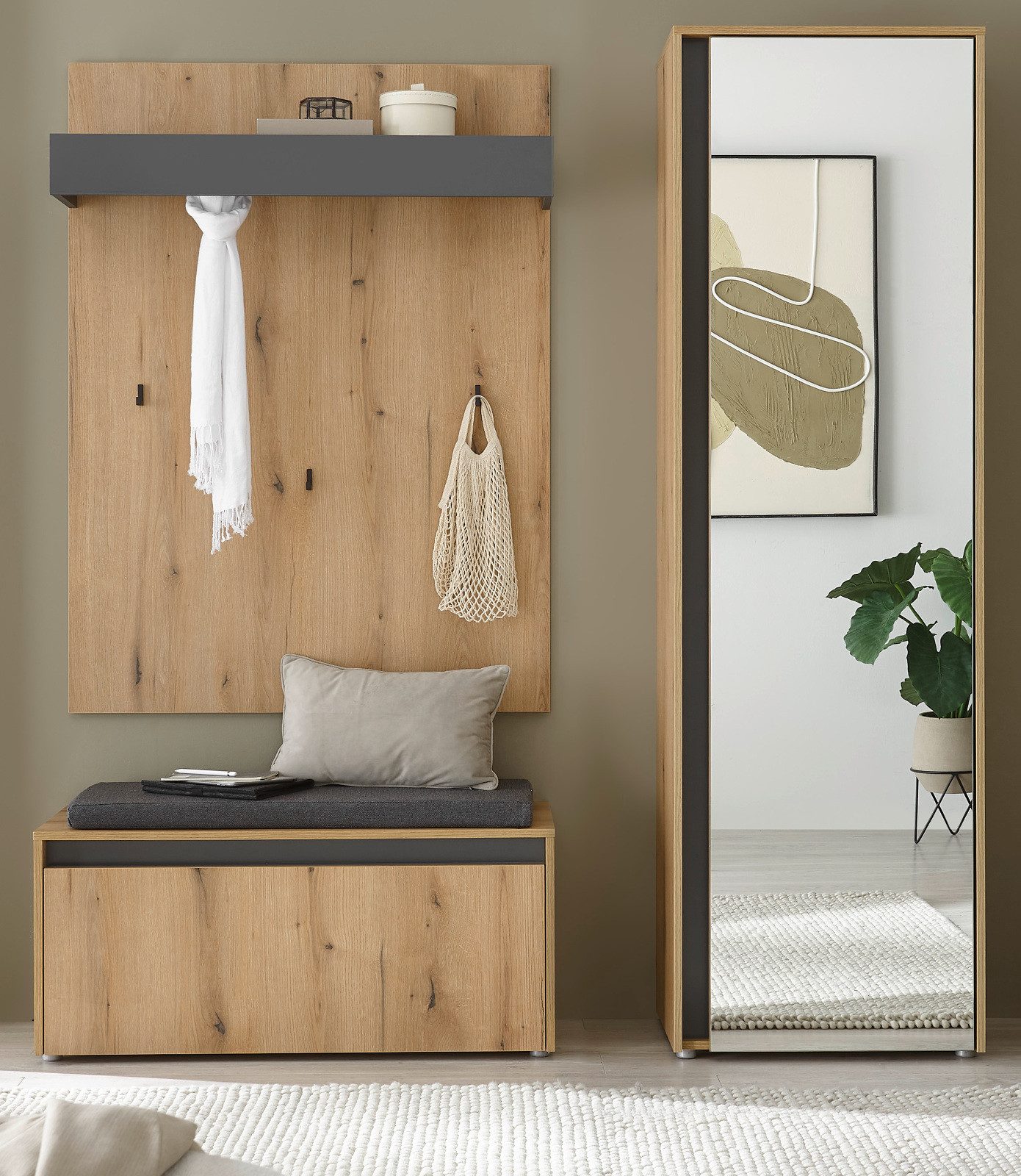 Furn.Design Garderoben-Set Center, (Flurgarderobe in Eiche mit Grau, 3-teilig, 170 x 200 cm), große Spiegeltür, inkl. Sitzkissen