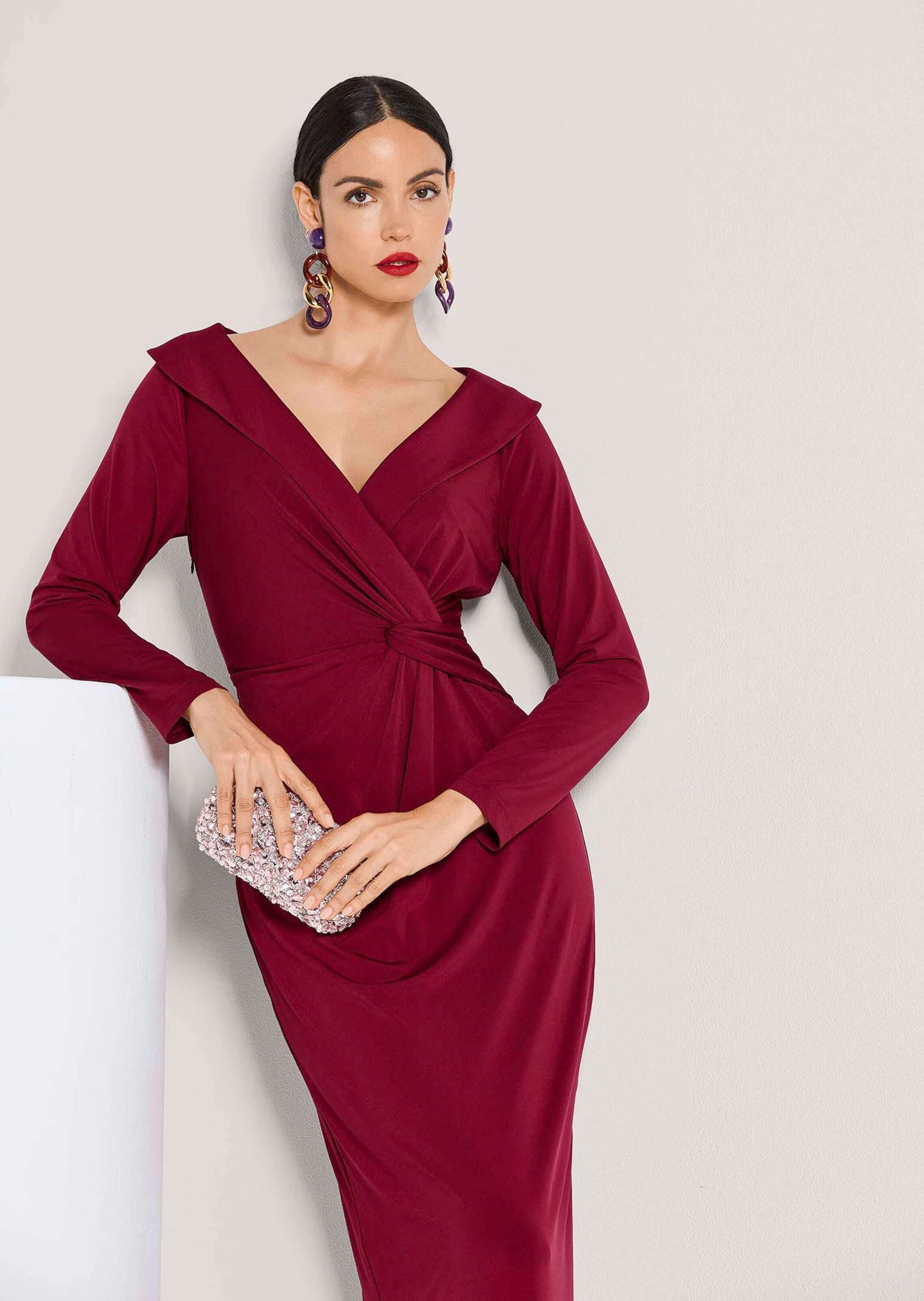 MADELEINE Maxikleid Elegantes Stretchkleid in Wickel-Optik Maxikleid mit V-Ausschnitt, Knöchellänge, Schlitz und Langarm