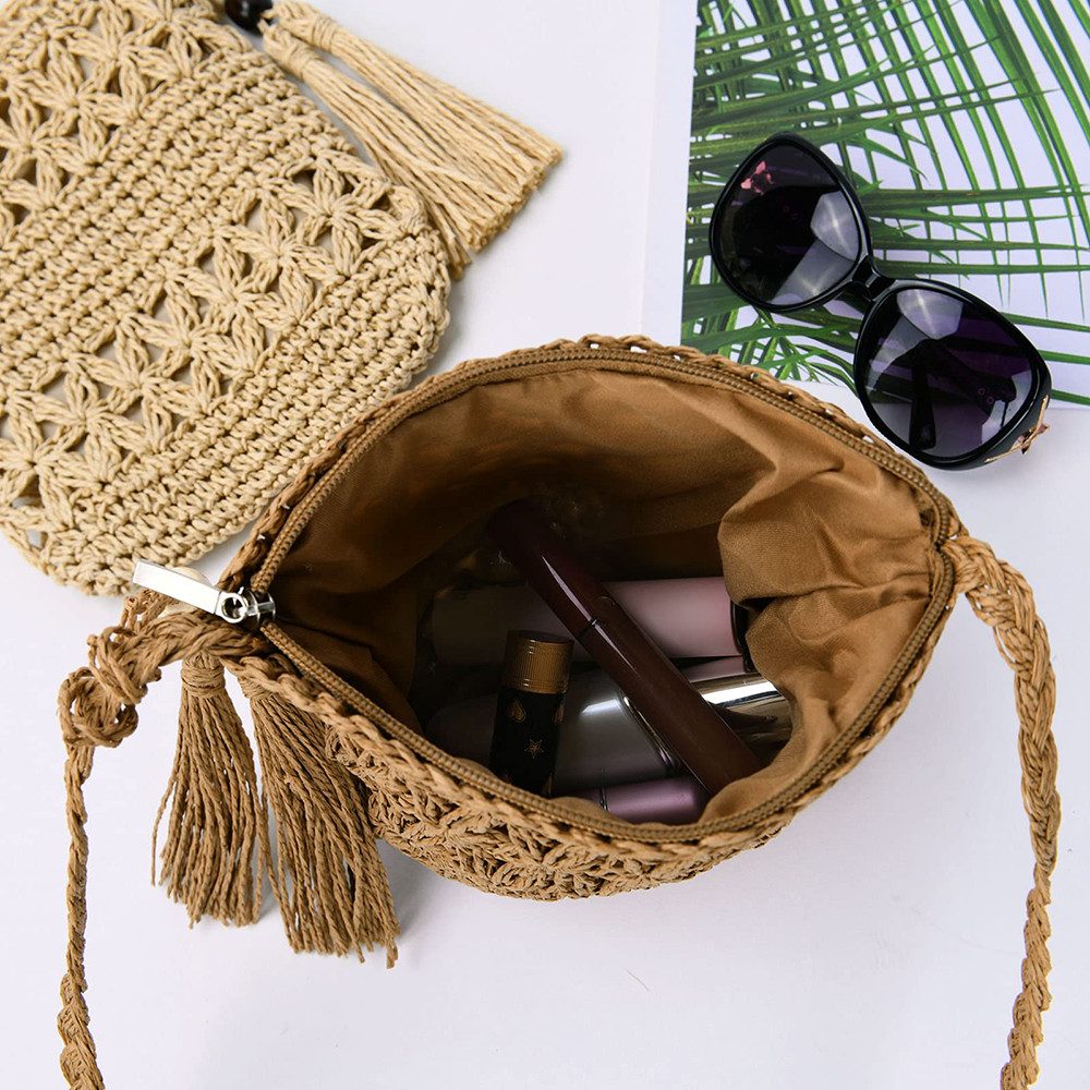 Oemmn Schultertasche Strandtasche für Damen, gehäkelte Sommertasche,Sommertasche, Geflochtene Tasche Boho,Vintage Strandtasche aus Stroh mit Quaste