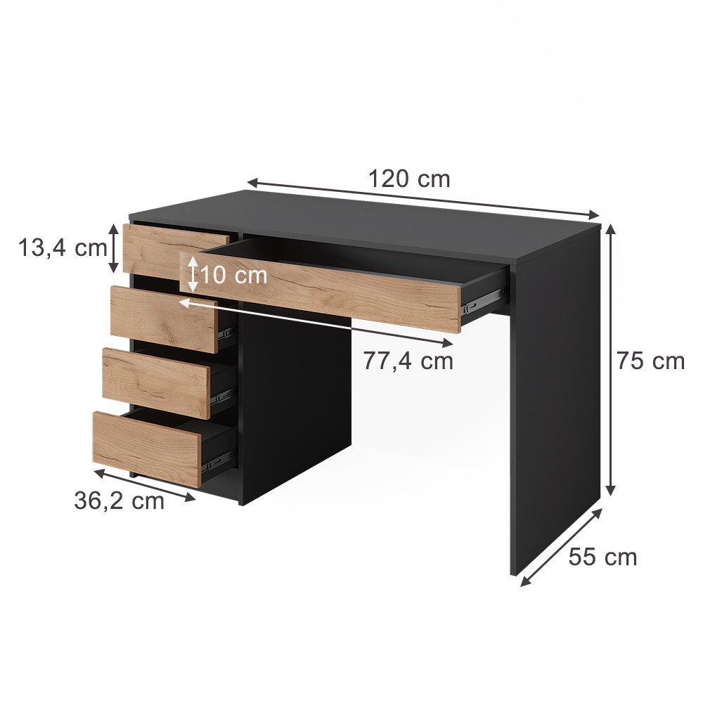 Vicco Schreibtisch Sherry, Anthrazit/Goldkraft Eiche, 55 x 120 cm mit Schubladen (1-St)
