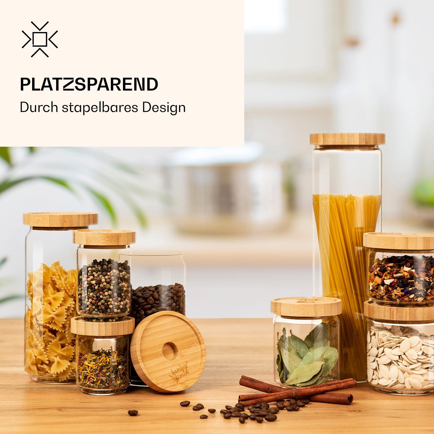 Klarstein Frischhaltedose Stapelglas, Bambus