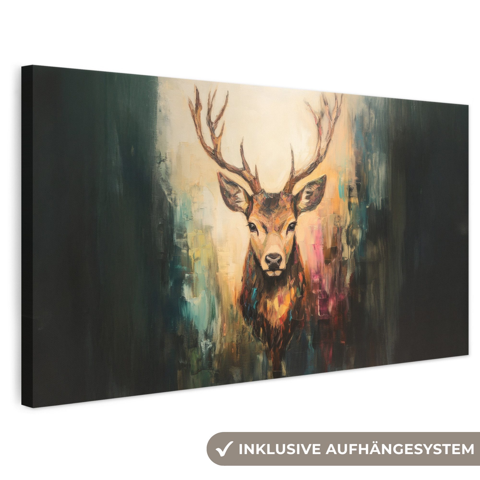 OneMillionCanvasses® Leinwandbild Panorama Hirsch - Gemalt - Geweih - Braun, Fotodruck (1 St), Leinwandbilder XXL Wohnzimmer, Deko Aesthetic 160x80 cm