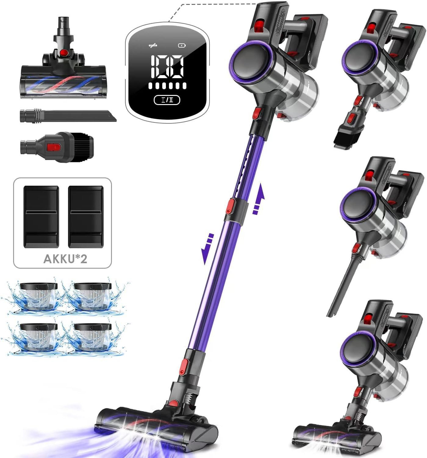 Hiazurm Akku-Hand-und Stielstaubsauger Akku Staubsauger, 55000Pa/550W/50Min/1.6L Kabelloser Staubsauger, 8-in-1 Akkusauger für Teppich, Hartboden, Tierhaare,Mit Dufttabletten, Mit LED Display,HEPA*4