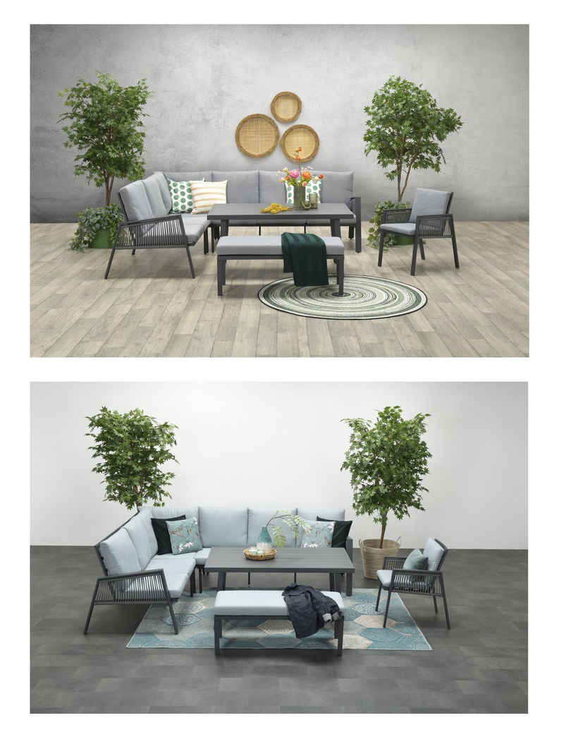 Garden Impressions Gartenlounge-Set "Andrea Links", Hohe Dining Aluminium Rope Lounge, wasserabweisende Kissen, inkl. Ersatzbezüge in grau