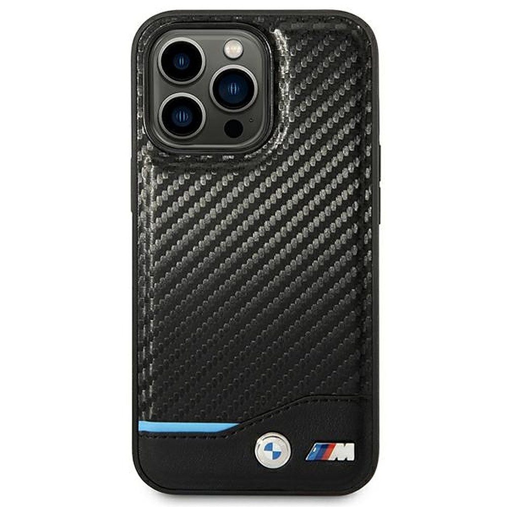 BMW Handyhülle Handyschale Schutzhülle Carbonoptik 6,1 Zoll, Carbonoptik, Naturleder, Metall-Logo, Lizenzprodukt