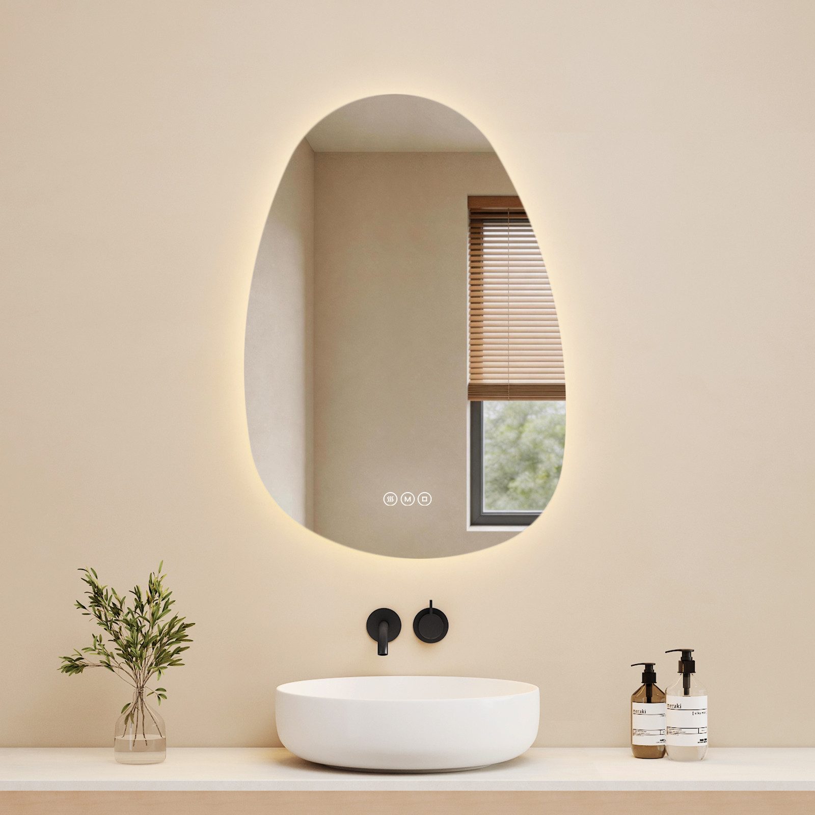 EMKE Badspiegel Asymmetrischer Wandspiegel mit LED-Beleuchtung und Dimmfunktion (Kieselsteinform), Touchschalter, 3 Lichtfarben einstellbare Helligkeit Antibeschlag IP44