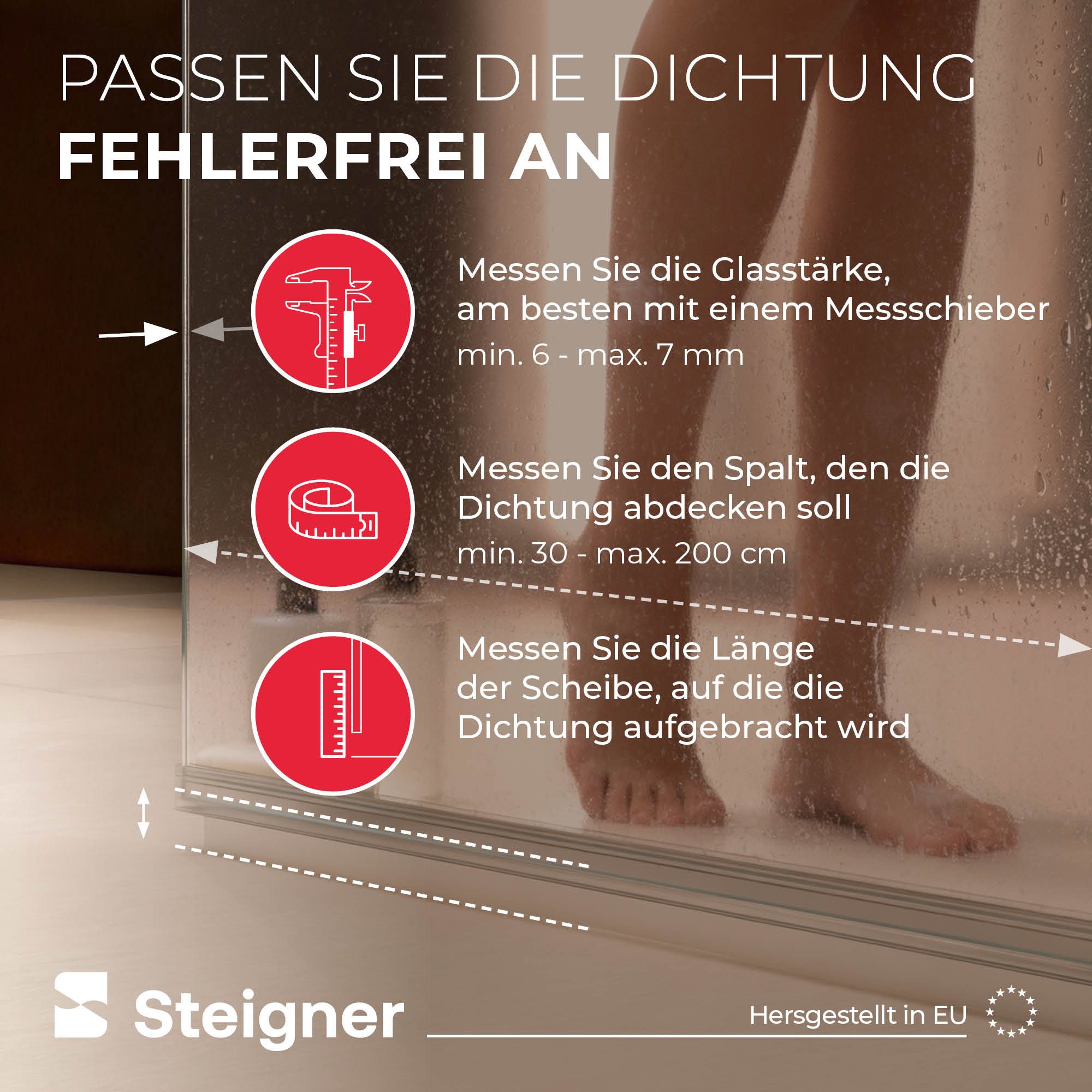 STEIGNER Duschdichtung Duschtürdichtung Gerade UK20-06 30 cm (1 Stk) Transparent 6-7 mm, L: 30 cm, (1 Stück Packung, Einzeldichtung), Dichtung für Eckeinstieg D – Bild 5 von 5