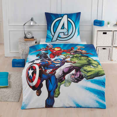 Bettwäsche Avengers Marvel 135x200 + 80x80 cm, 100 % Baumwolle, MTOnlinehandel, Renforcé, 2 teilig, Jungen Kinderbettwäsche mit Captain America, Iron Man, Hulk & Thor