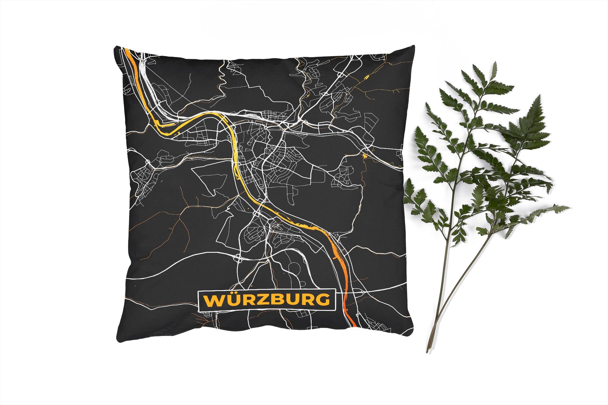 MuchoWow Dekokissen Stadtplan - Deutschland - Gold - Würzburg - Karte, Zierkissen mit Füllung für Wohzimmer, Schlafzimmer, Deko, Sofakissen