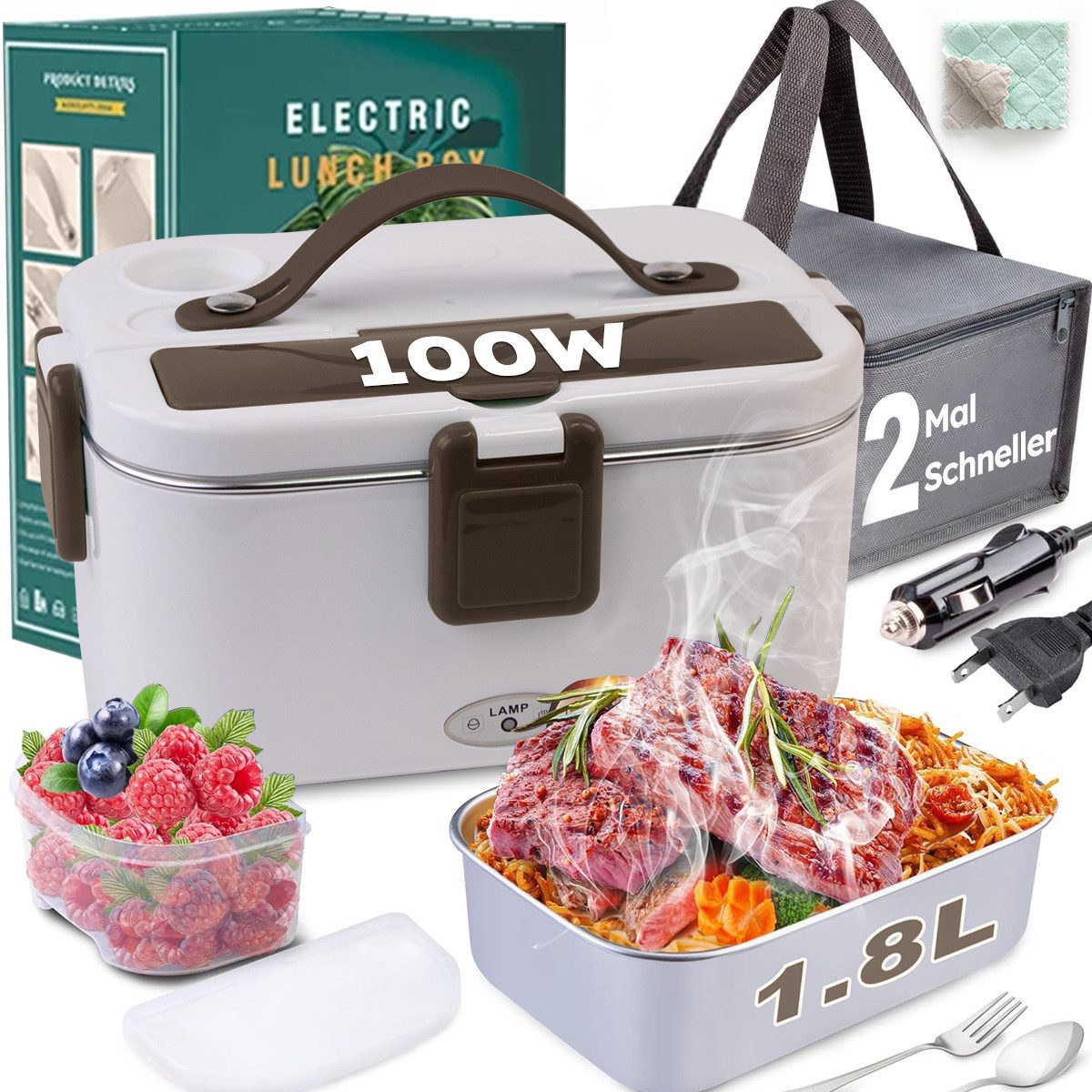MOPUEA Elektrische Lunchbox Elektrische Lunchbox4in1 75W Auto&Zuhause, auslaufsicher,inkl.Besteck, (Elektrische Lunchbox mit Heizelement für Zuhause, Auto und LKW, 1-tlg., 4-in-1 elektrisch beheizte Lunchbox mit 1.8L Behälter und Fächern), Schnelles Aufheizen, auslaufsicher, großer Behälter, mobil