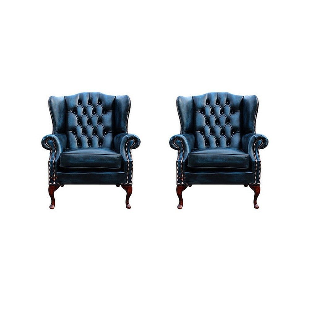 JVmoebel Ohrensessel Blauer Chesterfield Sessel aus hochwertigem Stoff (2-St., 2x Sessel), Made in Europa