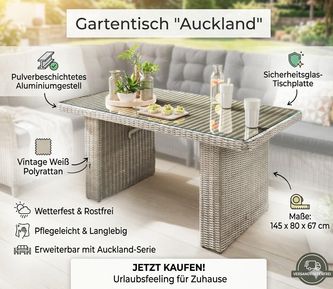Beauty.Scouts Gartentisch Tisch "Auckland", vintage weiß, 145 x 80 x 67 cm, Modernes Design in elegantem Vintage-Weiß