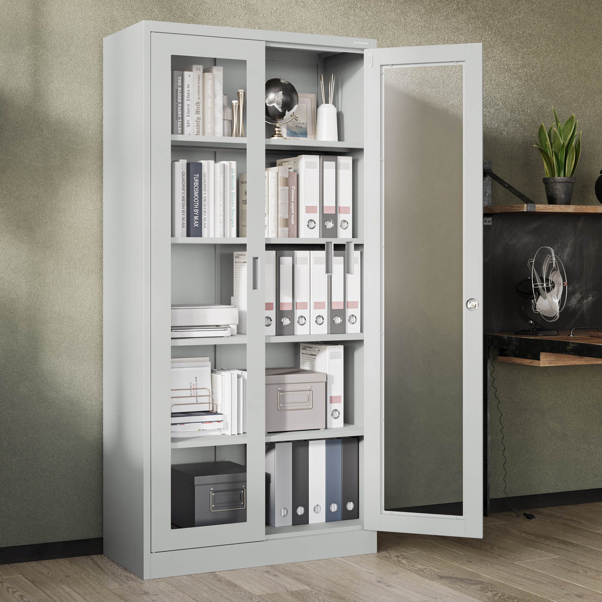 Jan Nowak Vitrine Metall Vitrinenschrank abschließbar 90 cm AMELIA Glasscheiben (Stahl 0,6 mm Wandmontage möglich PZH-zertifiziert 185 cm) Büroschrank 50 Ordner Schloss 2 Schlüssel 4 Böden 6 Farben
