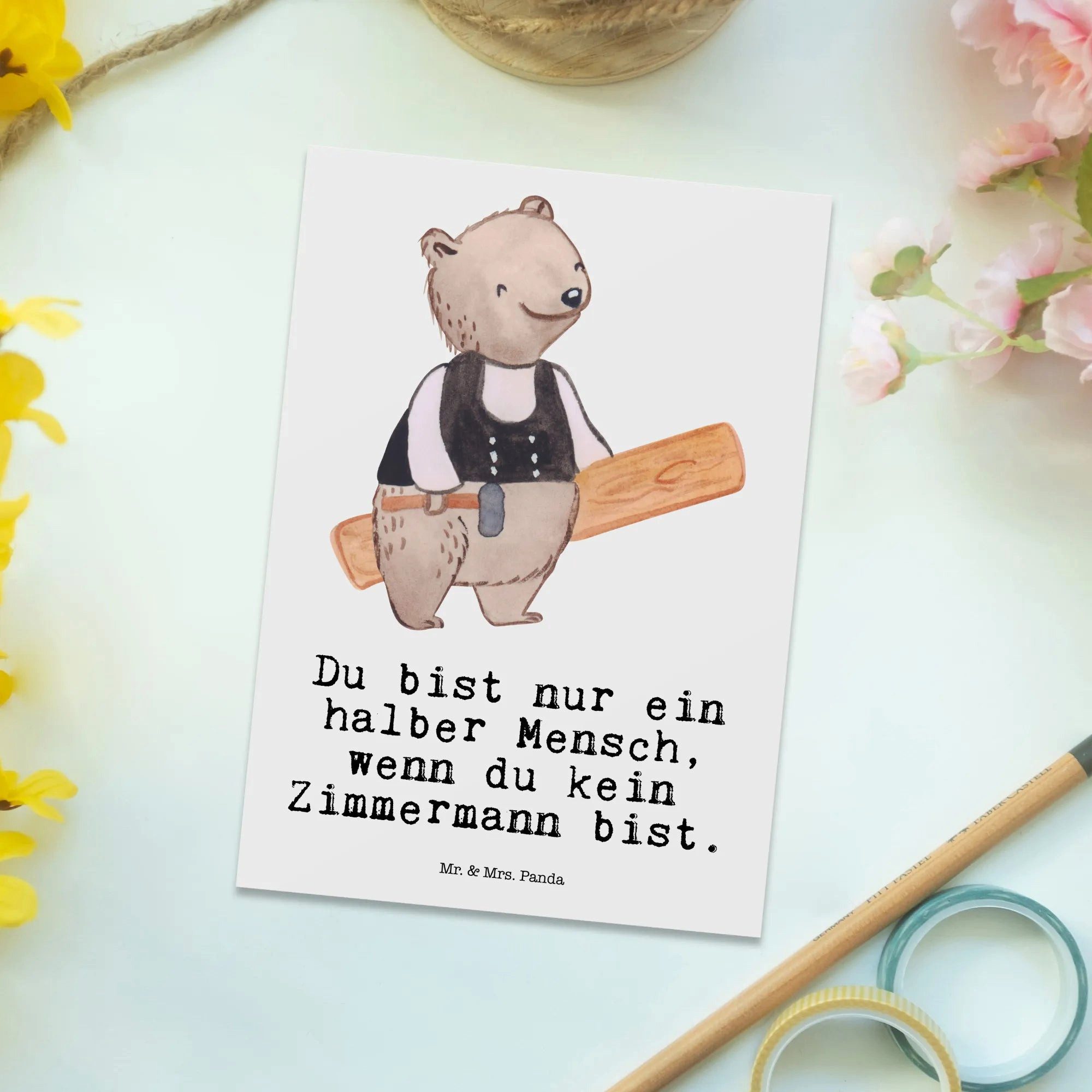 Thumbnail - Mr. & Mrs. Panda Postkarte Zimmermann Herz - Weiß - Geschenk, Grußkarte, Karte, Einladung Geburt, Lustige Sprüche