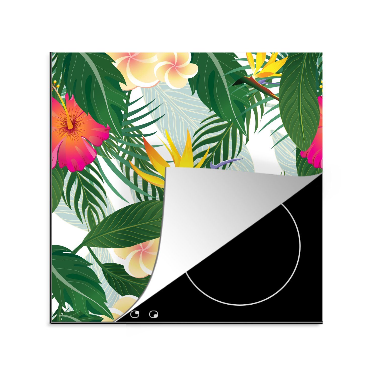 MuchoWow Herdblende-/Abdeckplatte Ein tropisches Blumendesign Illustration, Vinyl, (1 tlg), 78x78 cm, Ceranfeldabdeckung, Arbeitsplatte für küche