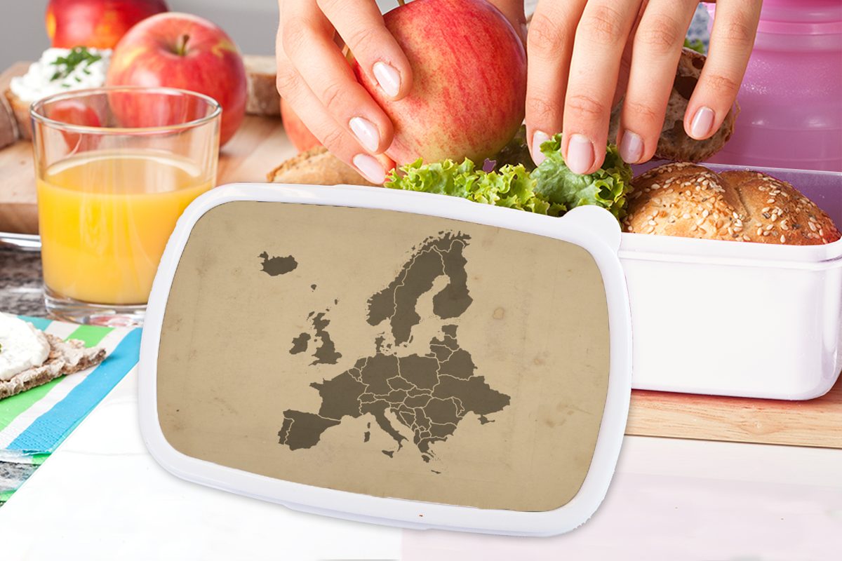 MuchoWow Lunchbox Karte - für - Jungs Europa Erwachsene, Mädchen Braun, und (2-tlg), Brotdose, Brotbox Kunststoff, weiß Kinder für und