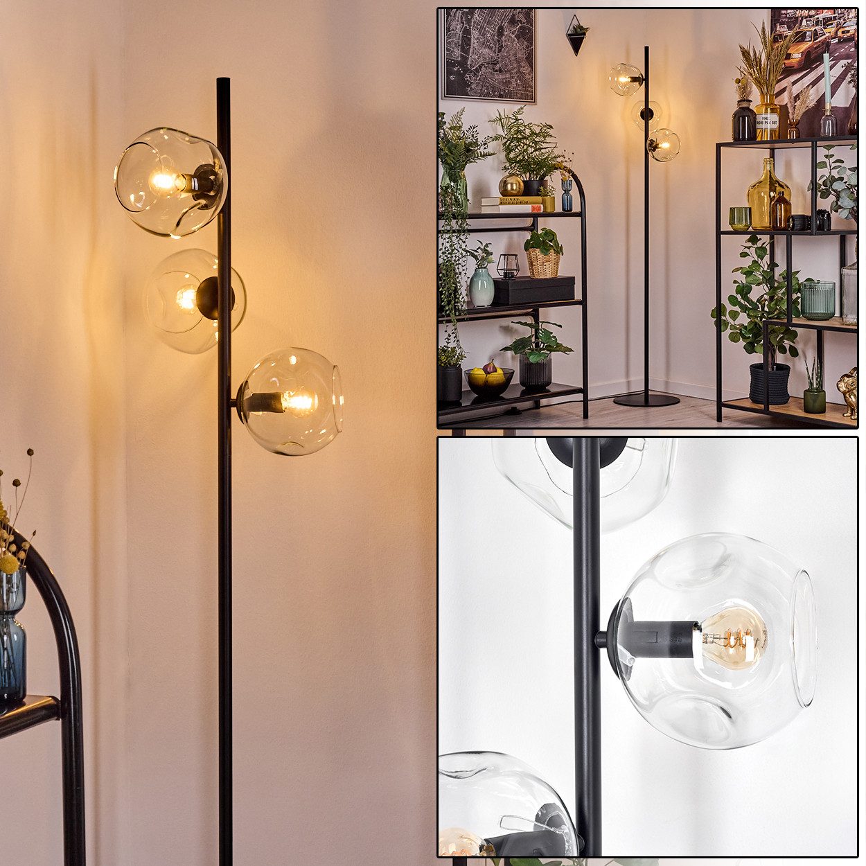 Stehlampe Stehlampe aus Metall/Glas in Schwarz/Klar