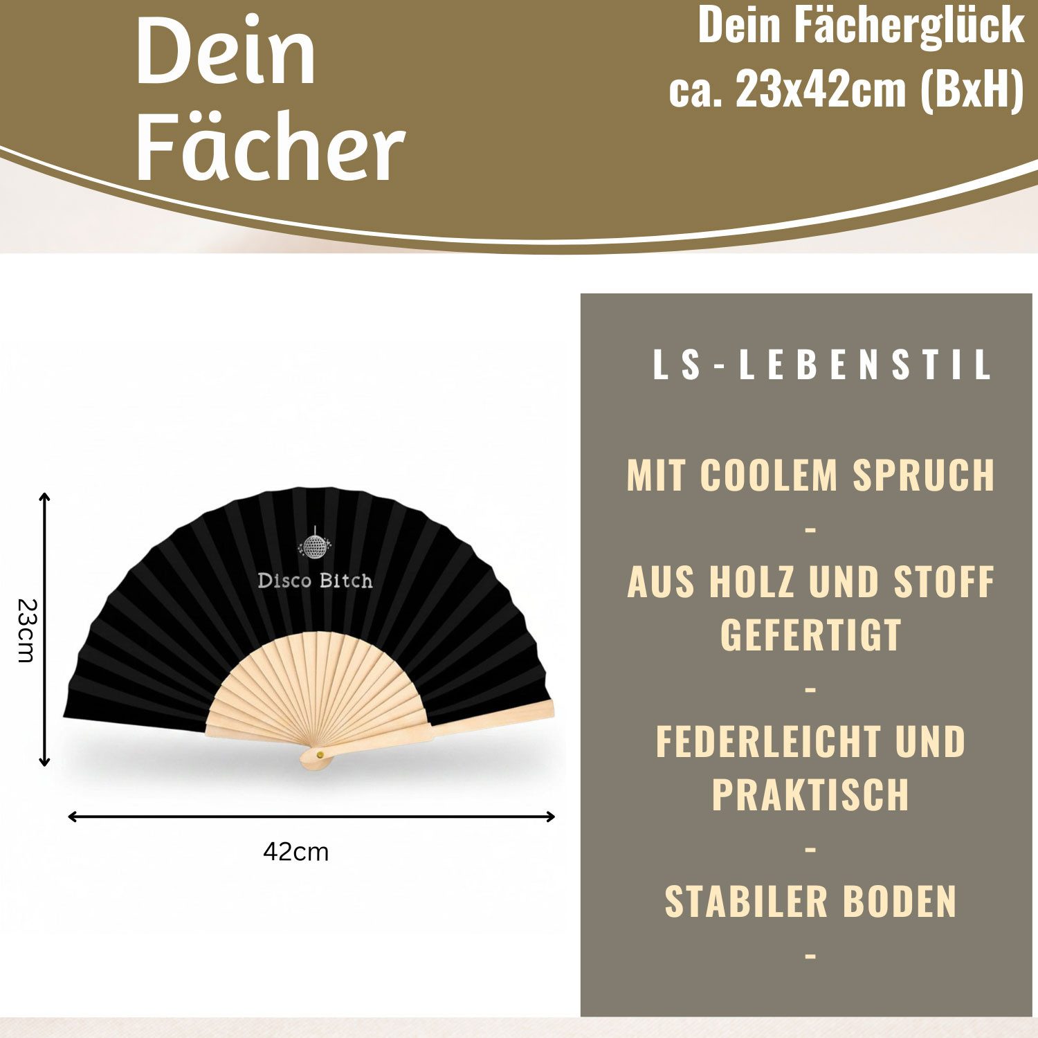 LS-LebenStil Handfächer Holz Stoff Fächer "Disco Bitch" Schwarz Weiß faltbar Faltfächer, (hochwertig aus Holz mit Stoff und coolem lustigem Spruch, 1-tlg., Styliche Abkühlung), für Geburtstag, Hochzeit, Party oder als Wand Dekoration