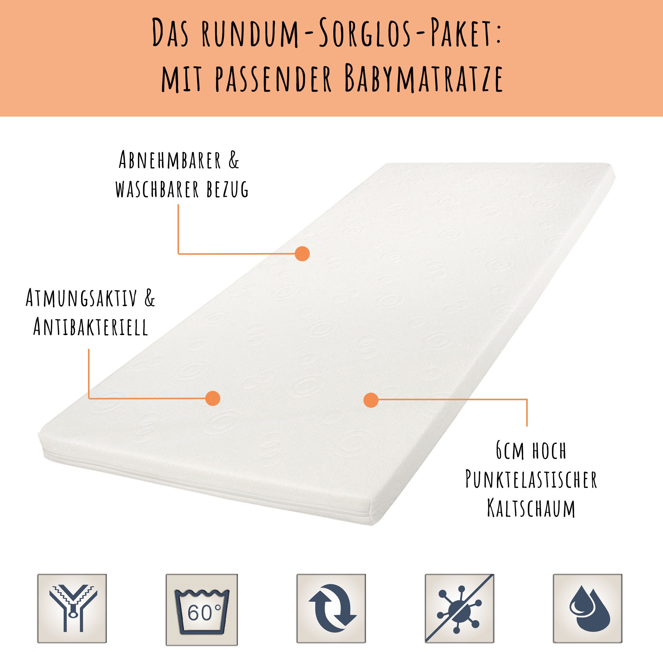 Kids Collective Babybett Kinderbett 70x140 cm mit Matratze umbaubares Gitterbett, höhenverstellbar, baby bed weiss Made in Europe 140x70