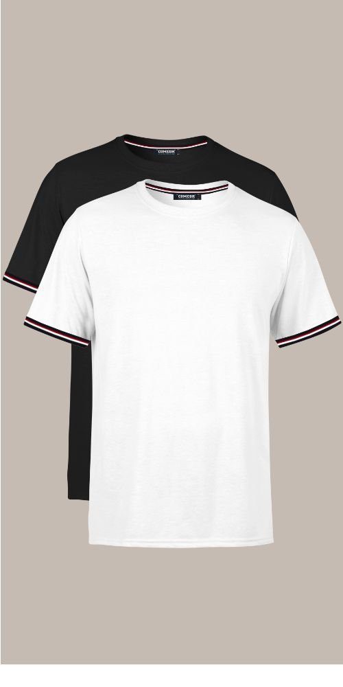 COMEOR T-Shirt Basic Herren Kurzarm Rundhalls (Packung, 2-tlg) mit gestreiften Ärmel Bündchen Schwarz-Weiß