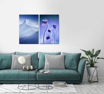 Sinus Art Leinwandbild 2 Bilder je 60x90cm Berggipfel Schnee Blau Himalaya Blumen Berg Wind
