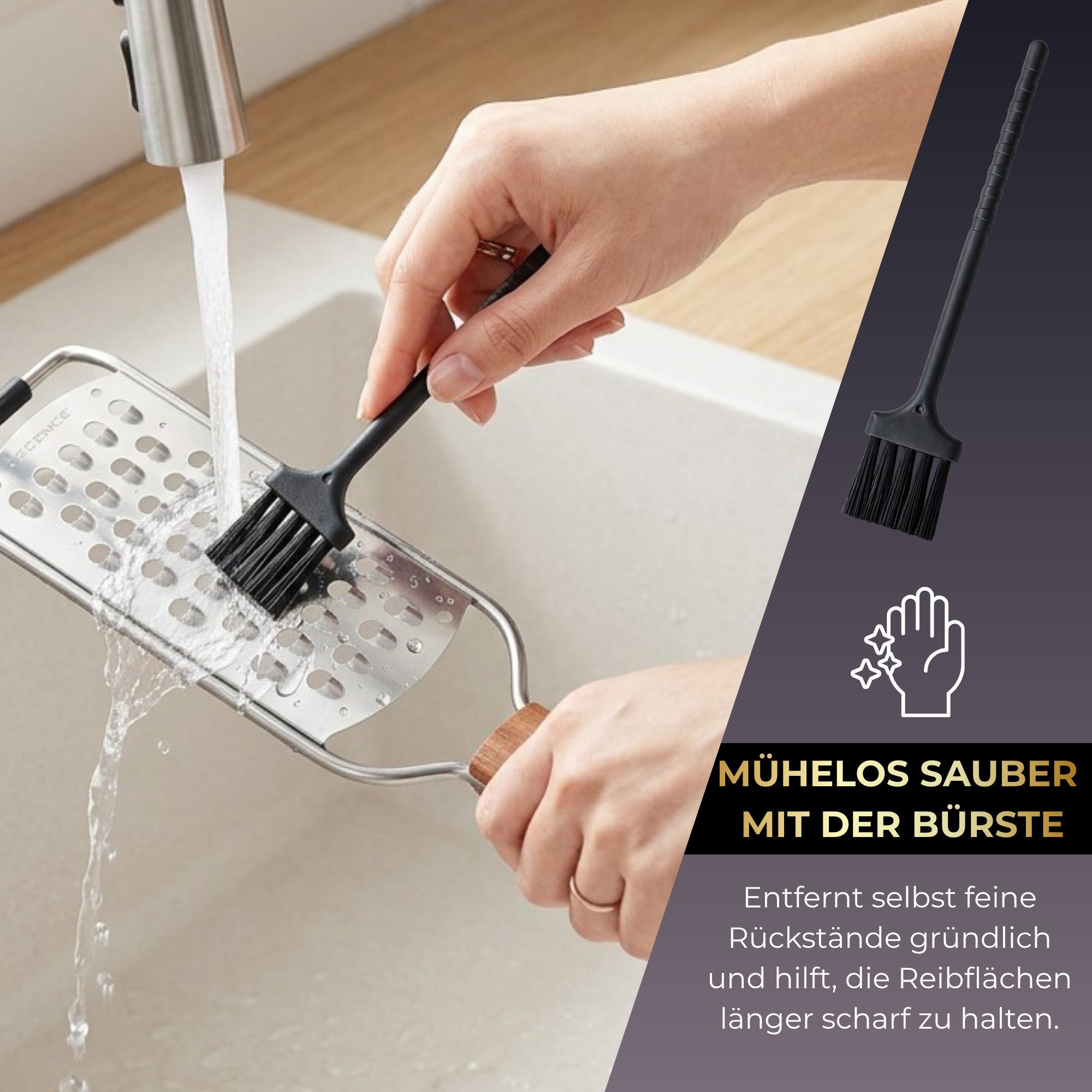 ECENCE Käsereibe Küchenreiben Set 2-teilig Edelstahl mit Akazienholzgriff, fein & grob – Bild 5 von 5