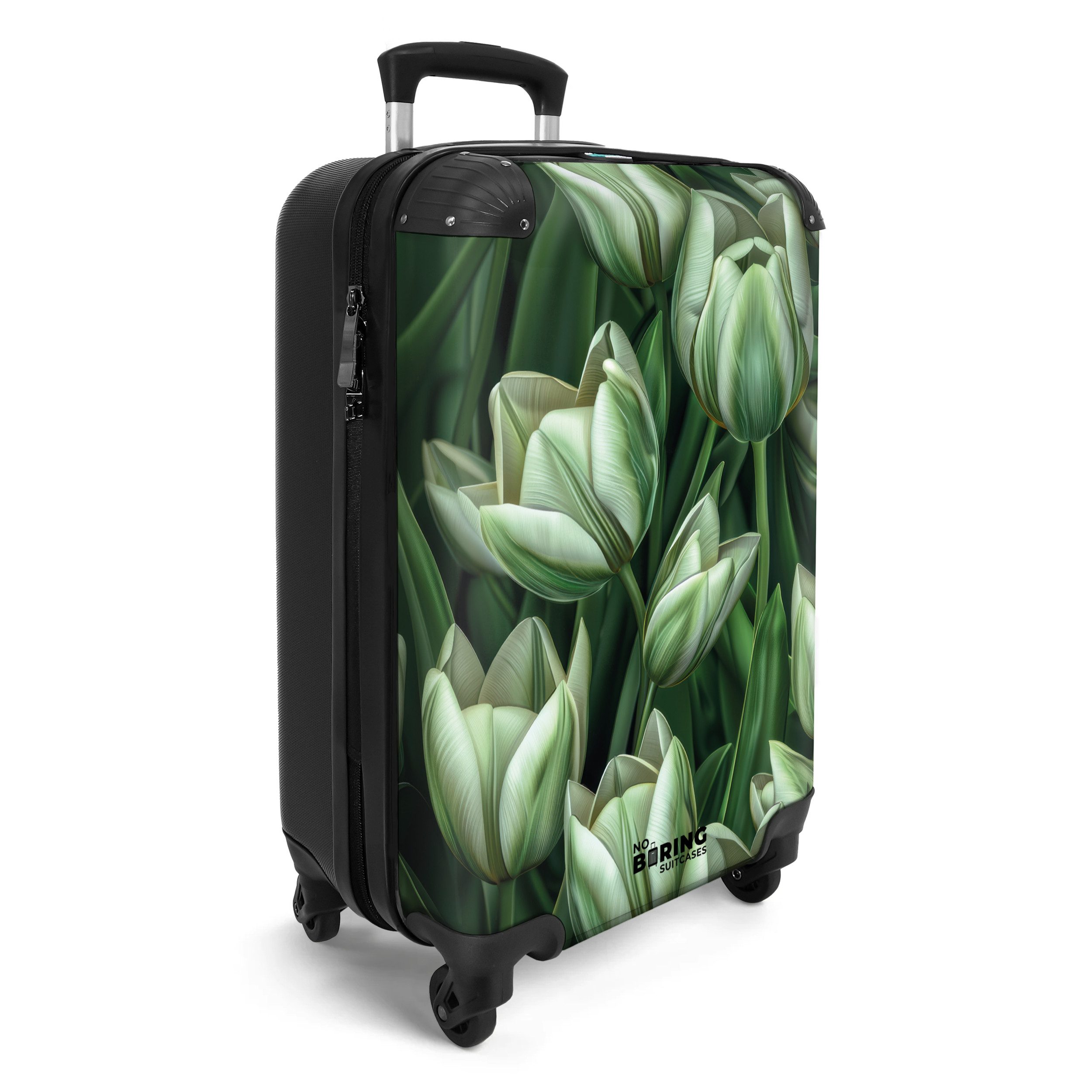 NoBoringSuitcases.com© Hartschalen-Trolley Grün mit weißen Tulpen günstig online kaufen