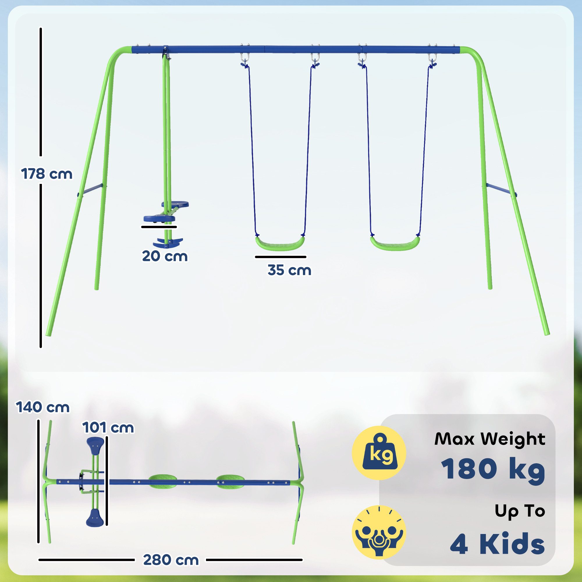 Outsunny Schaukelgestell Kinderschaukel mit Wippe, Outdoor, ab 3 Jahre, 280x140x178 cm, (Kinderschaukel, 4-tlg., Schaukelgerüst), mit Metallgestell, verstellbarem Seil Gartenschaukel für Kinder, Grün