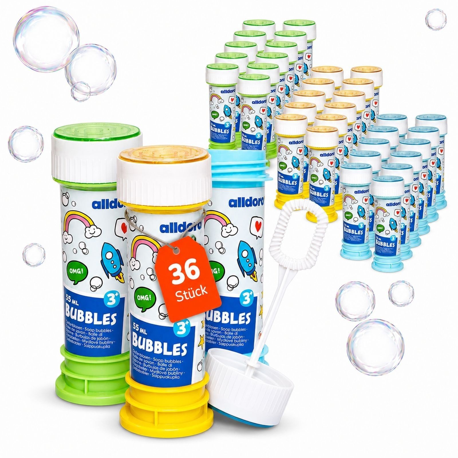 alldoro Seifenblasenstab 36er Seifenblasen-Set, Seifenblasenstäbe mit Murmelspiel im Deckel, Bubbles für Party, Kindergeburtstag, Hochzeit & Mitgebsel ab 3 Jahren