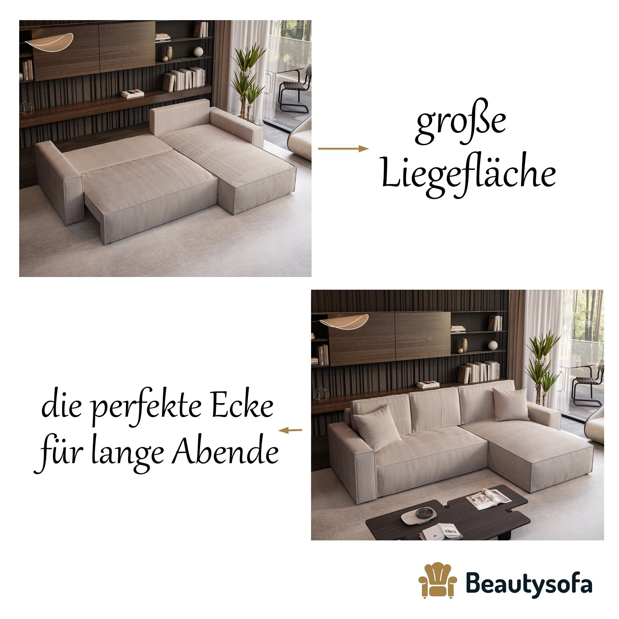 Beautysofa Ecksofa Parys, (poso mane, Bettkasten, cm, Cappucino universelle mit mit l-förmig Eckcoch 02) Cordstoff 290 Schlaffuntion, Ecke