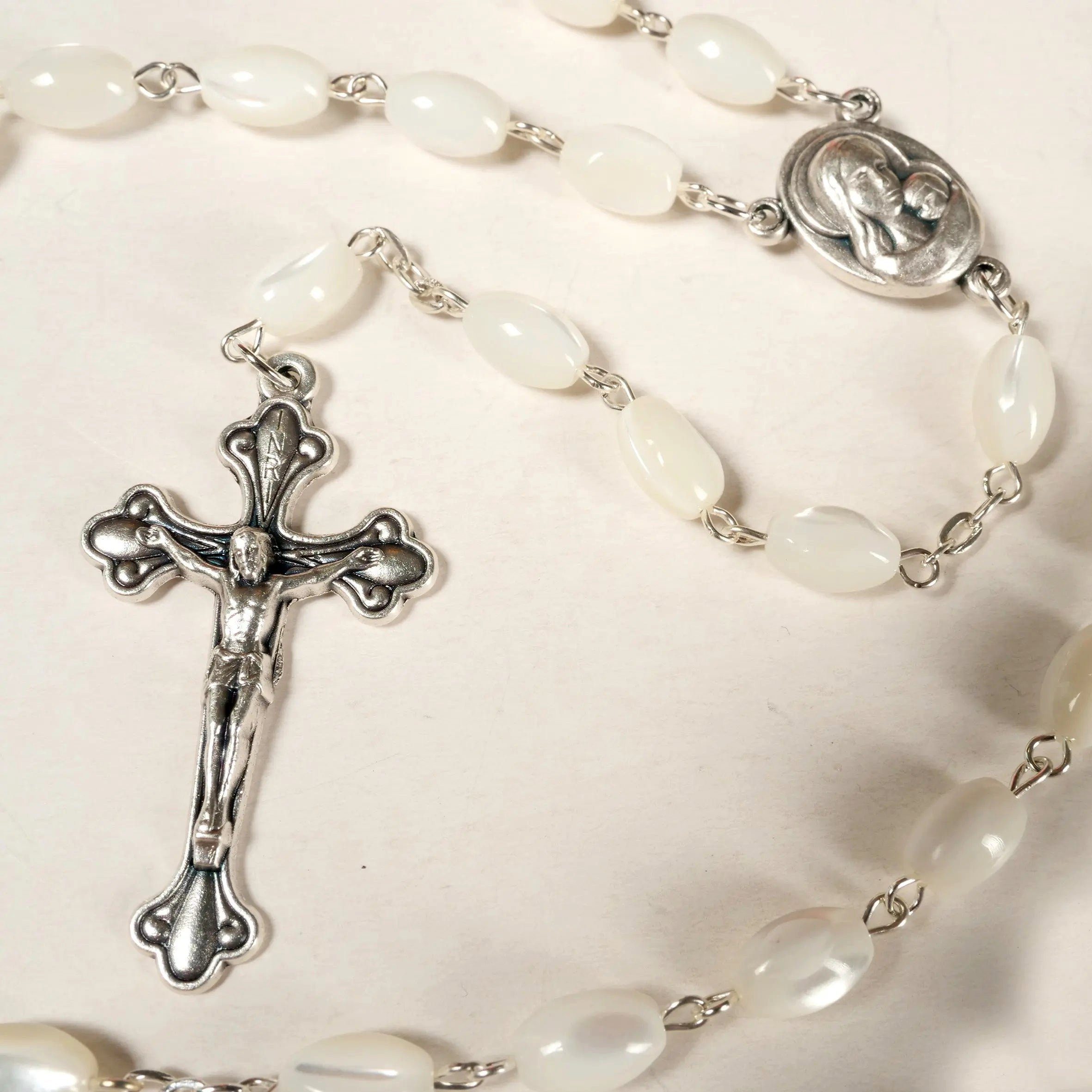 Dekoobjekt Rosenkranz aus Perlmutt, Bethlehem, Kassis Schmuck mit Christlicher Perlen handgemacht, ovalen Gebetskette, aus