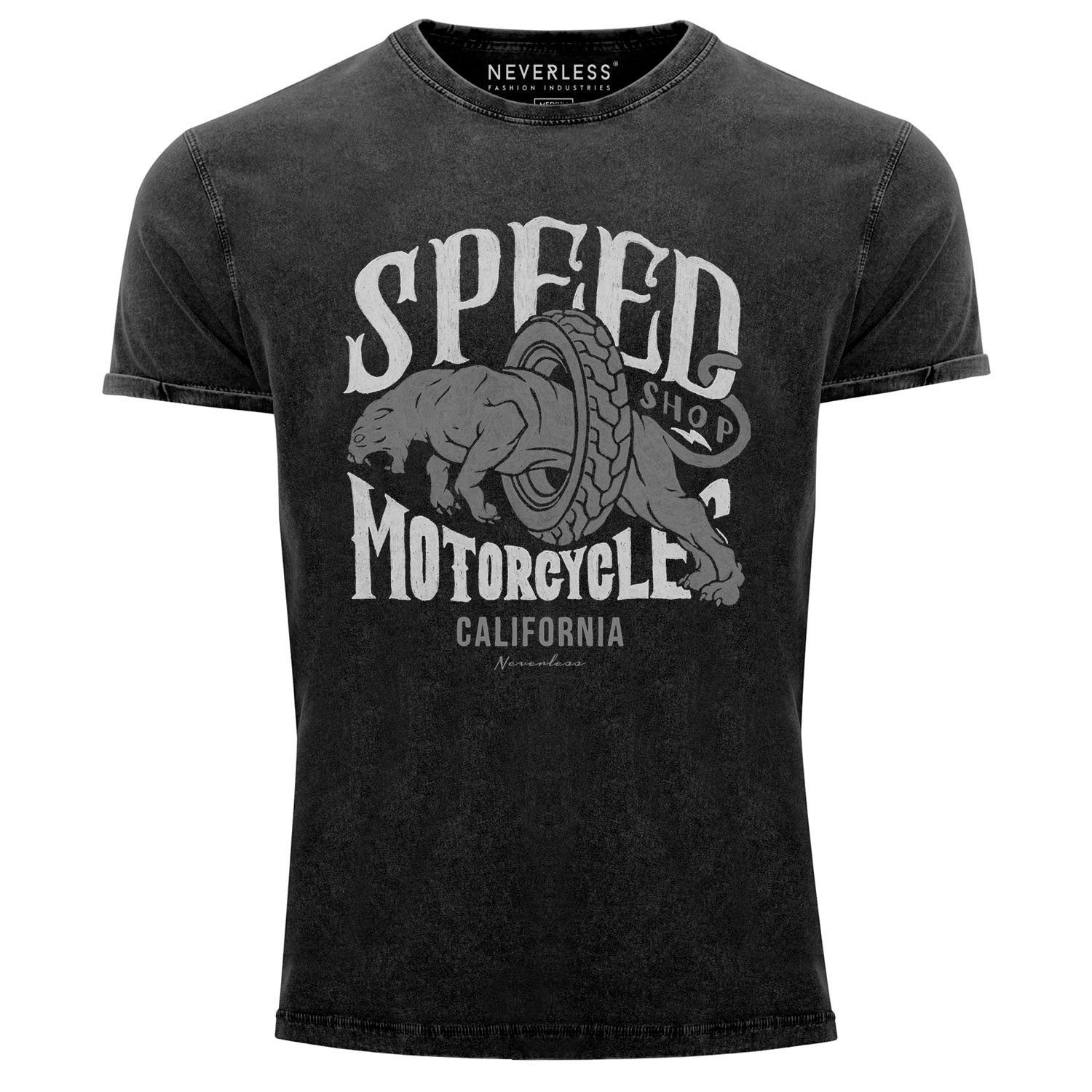 Neverless Print-Shirt Neverless® Herren T-Shirt Vintage Shirt Printshirt Motorrad Motorcycle Speed Shop Aufdruck Used Look Slim Fit mit Print