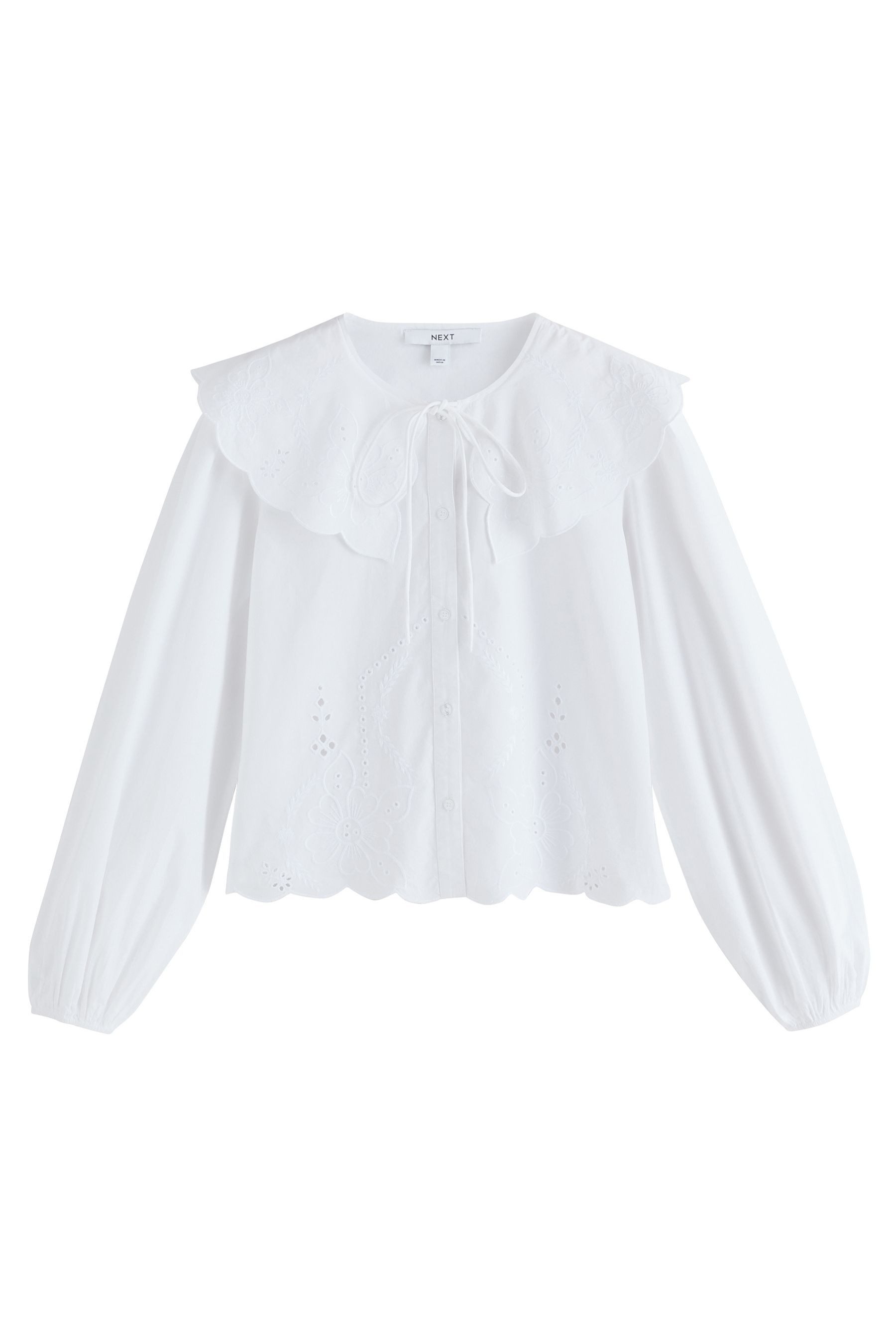 Langarmbluse Bluse mit Lochstickerei und Kragen, Kurzgröße